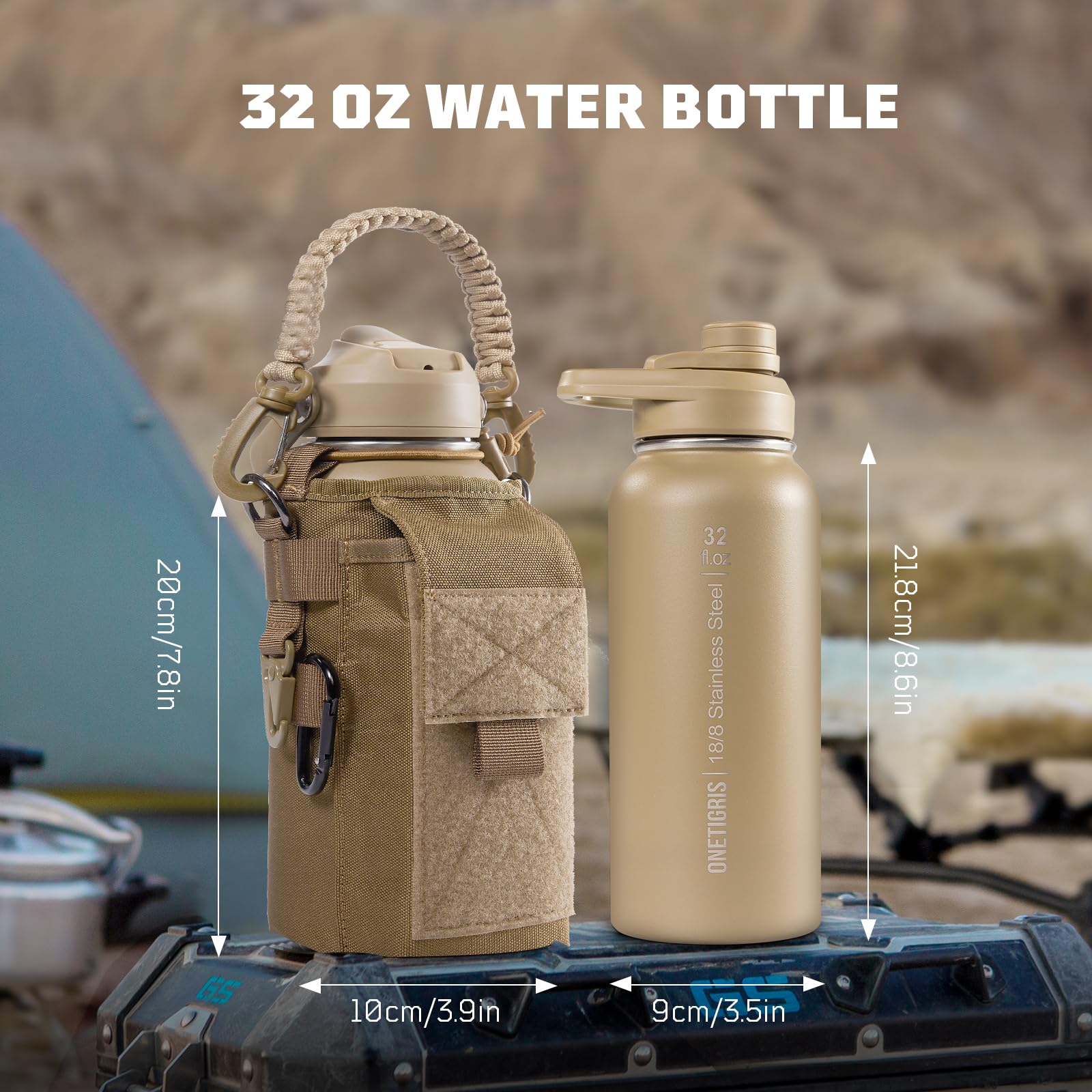ONETIGRIS Botella de agua aislada de 32 onzas con pajilla, jarra de agua táctica de acero inoxidable, botella deportiva de boca ancha a prueba de fugas con 3 tapas y funda para viajes, gimnasio