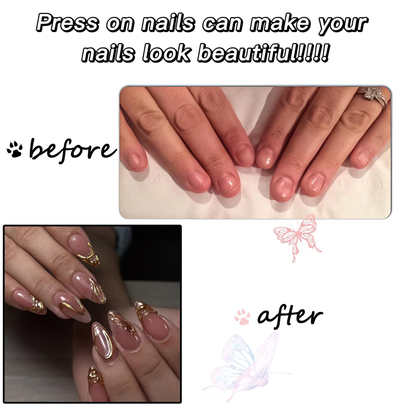 24Pcs Almond False Nails - 3D Stereoscopic Gold Pattern Short Press on Nails - Medium False Nails French Tip - Full Cover Stick on Nail Shiny Artificial Nail for Women - Image 3