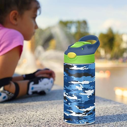 Miniatura 6 de Botella de agua azul camuflaje para niños con tapa de pajilla, sin BPA, de acero inoxidable de 12 onzas, aislada al vacío, a prueba de fugas, termo