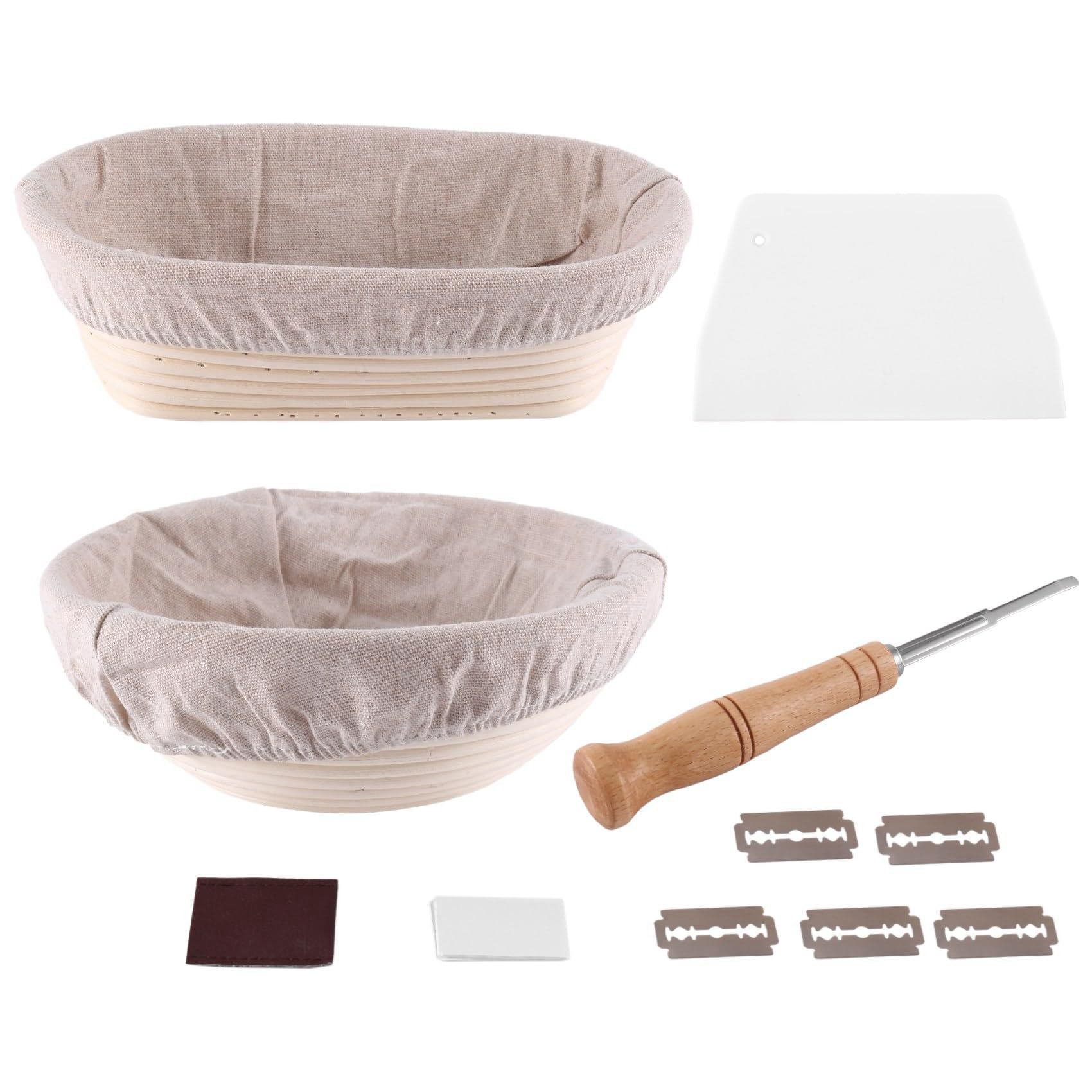2X Juego de Cestas de Fermentación Ovaladas de 2 una 10 Pulgadas y Redondas de 9 Pulgadas+Premium para Cortar y Cortar Pan, el Bol para Hornear