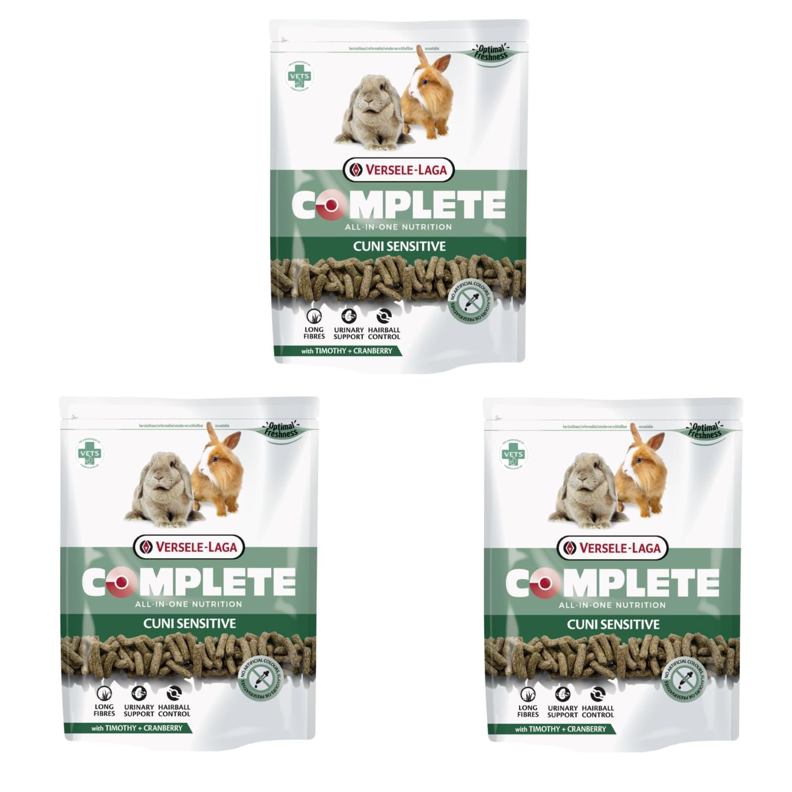 Versele-Laga Complete Cuni Sensitive | Opakowanie 3 szt. | 3 x 500 g | pełnoziarnista karma dla królików, wsparcie w przypadku kul włosowych, granulat All-In, opracowany przez weterynarzy