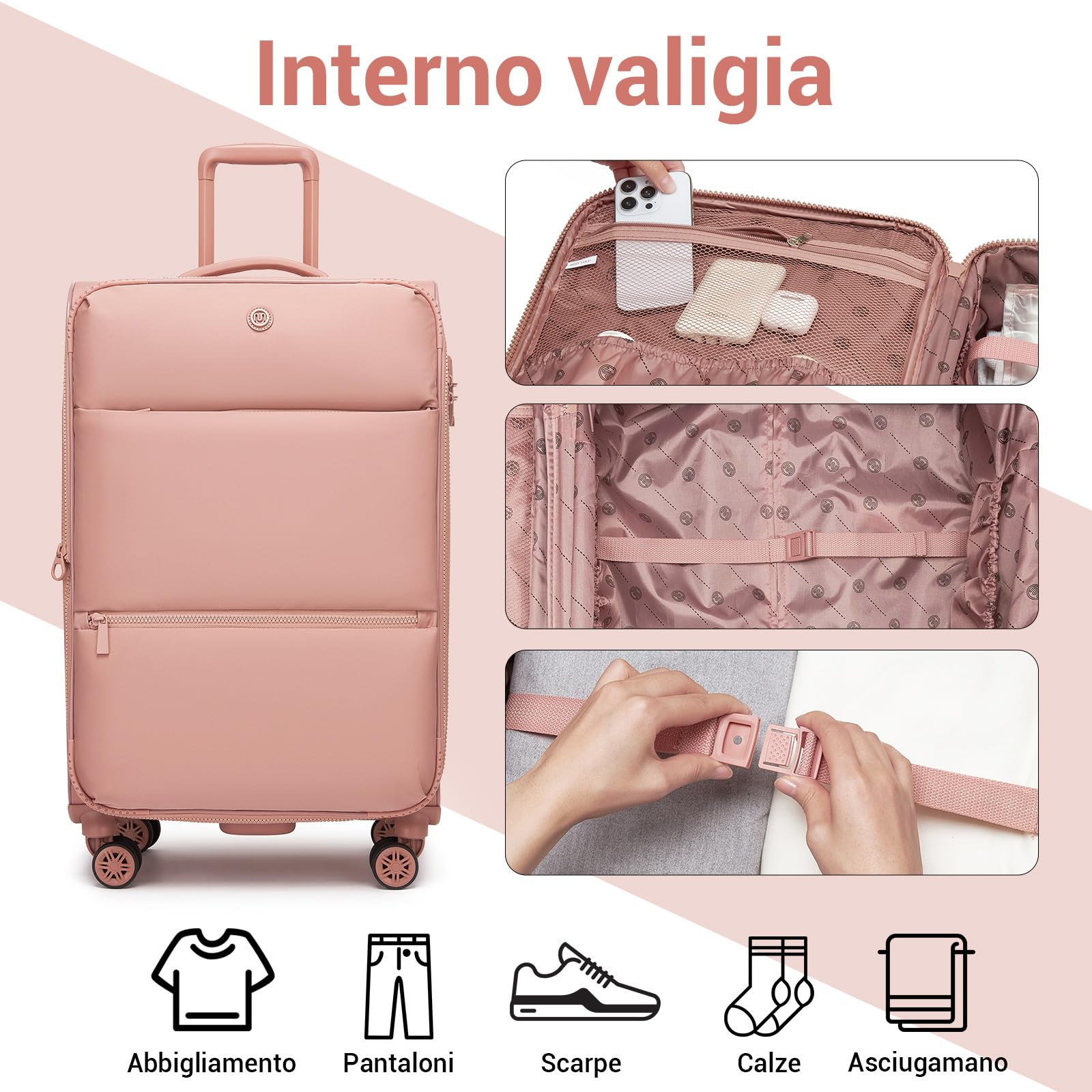 Miss Lulu Valigia Morbida Espandibile con Ruote Girevoli, Bagaglio a Mano, Valigia da Viaggio Media, 74,5 x 44 x 32 cm, Rosa