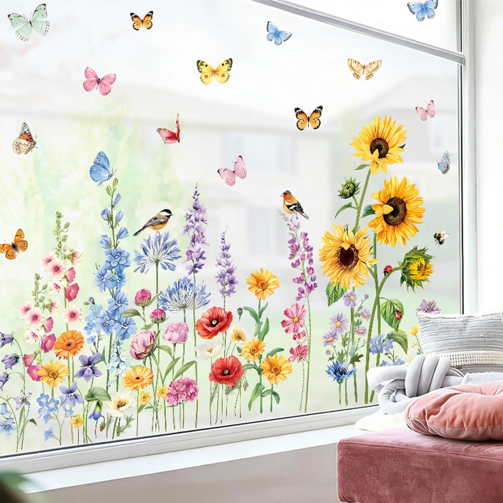 milaosk Fensterbilder Frühlings Schmetterlings Wildblumen Sonnenblumen Vogel Fensteraufkleber Selbstklebend Fenstersticker Sommer Vögel Anti-Kollision Fensterfolie Fensterdeko Glas Fenster Aufkleber