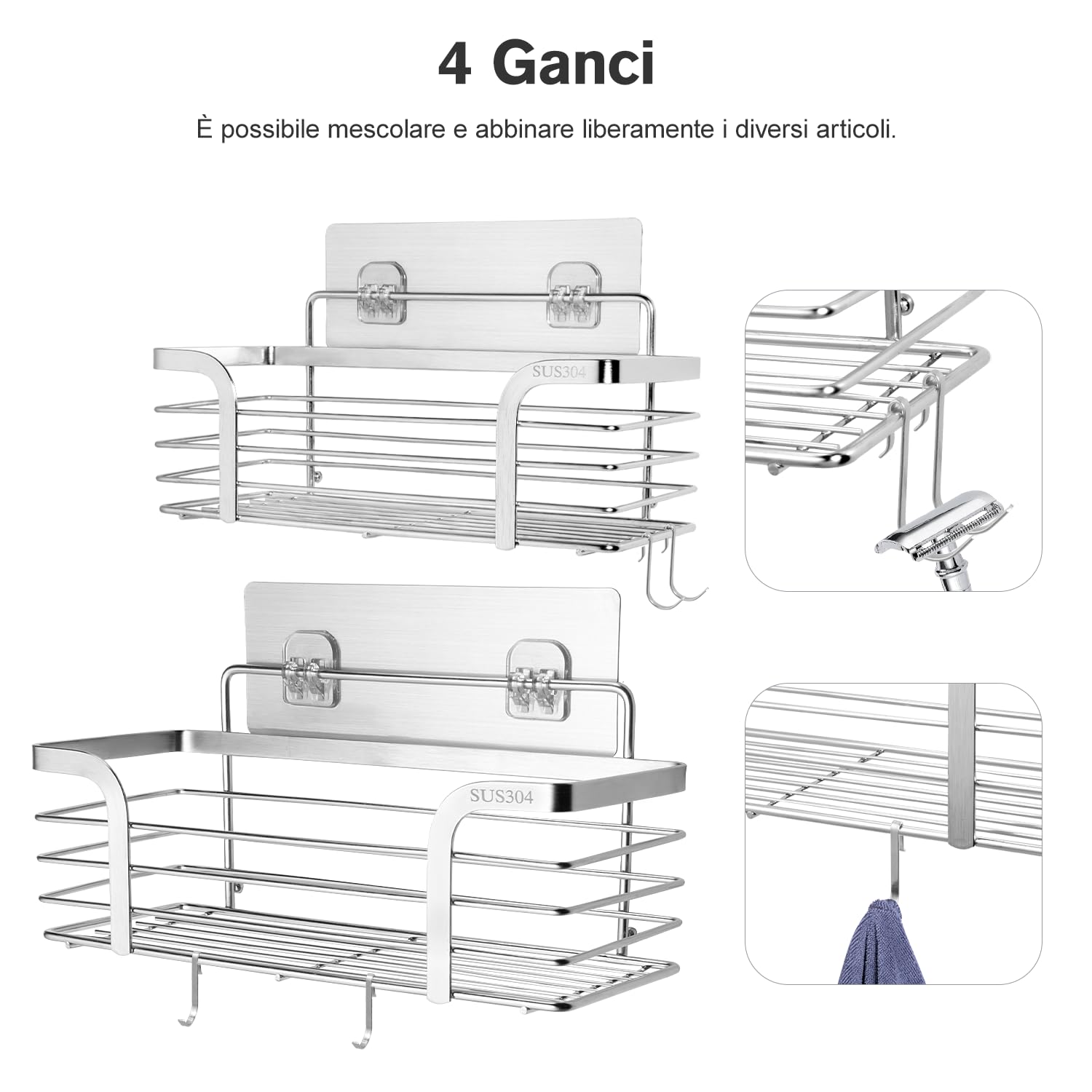 Carehabi Mensola Doccia Senza Foratura 2 Pezzi Organizer Bagno in Acciaio Inox SUS304 con 4 Ganci Mensola Senza Foratura Oggetti Bagno per Shampoo per Bagno e Cucina
