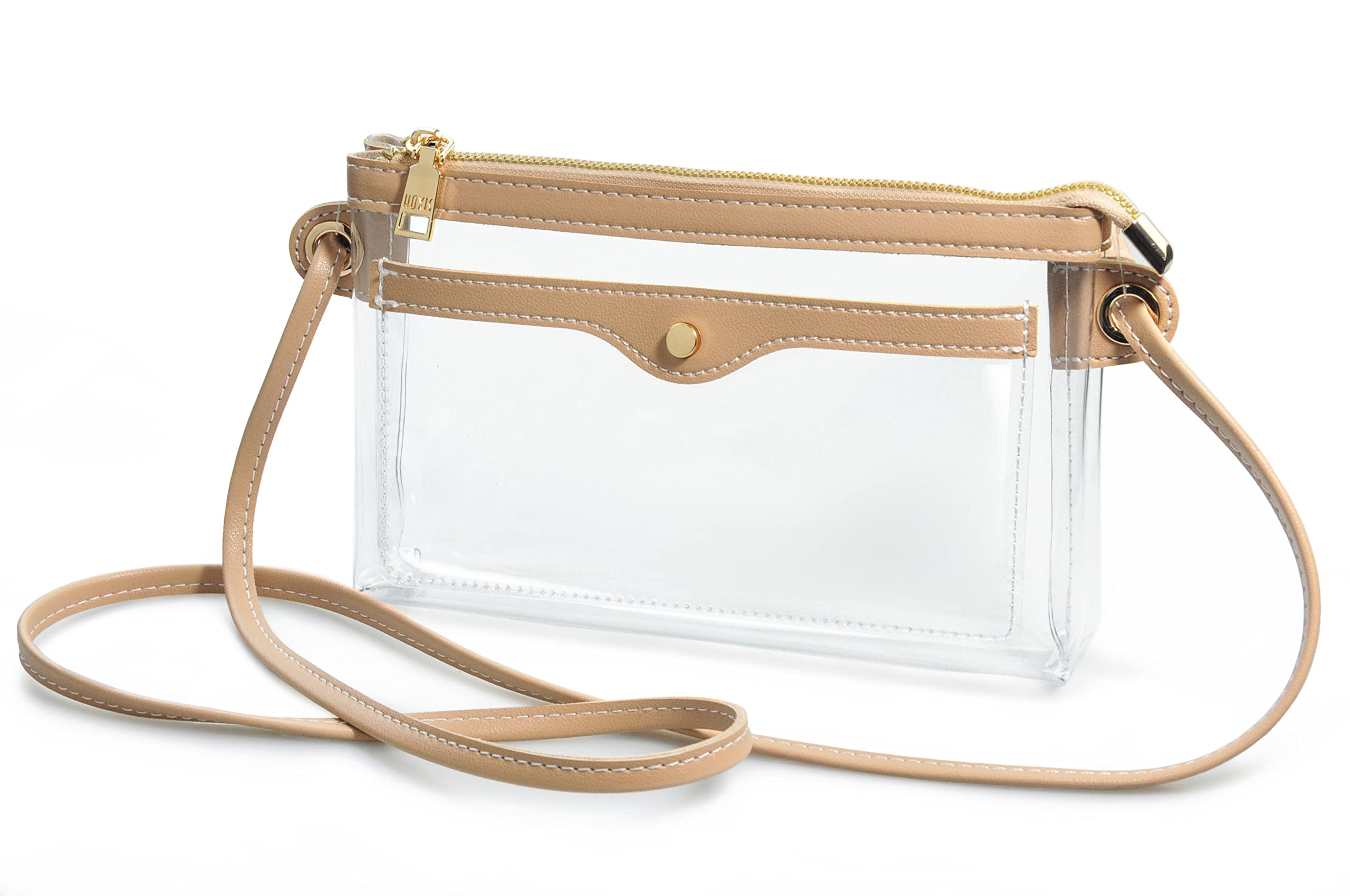 Women's Clear PVC Cross Body Bag Pocket Shoulder Bag with Vegan Leather Trim Transparent Zipper Purse Stadium Approved