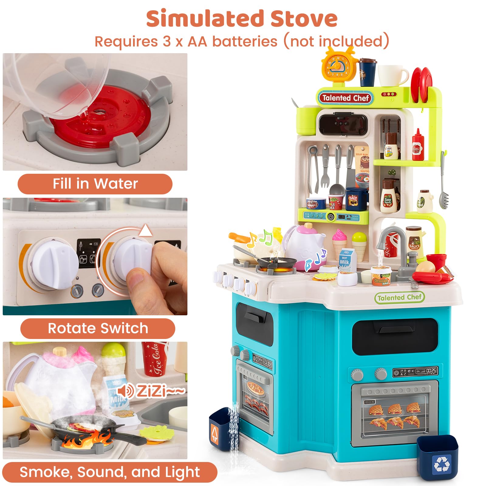 HOMASIS Cucina Giocattolo con Suoni e Luci, Gioco di Ruolo da Cucina con 75 PCS, Fornello con Acqua Vapore, Rubinetto con Acqua e Lavello, Cucinetta per Bambini da 3+ Anni (Blu)