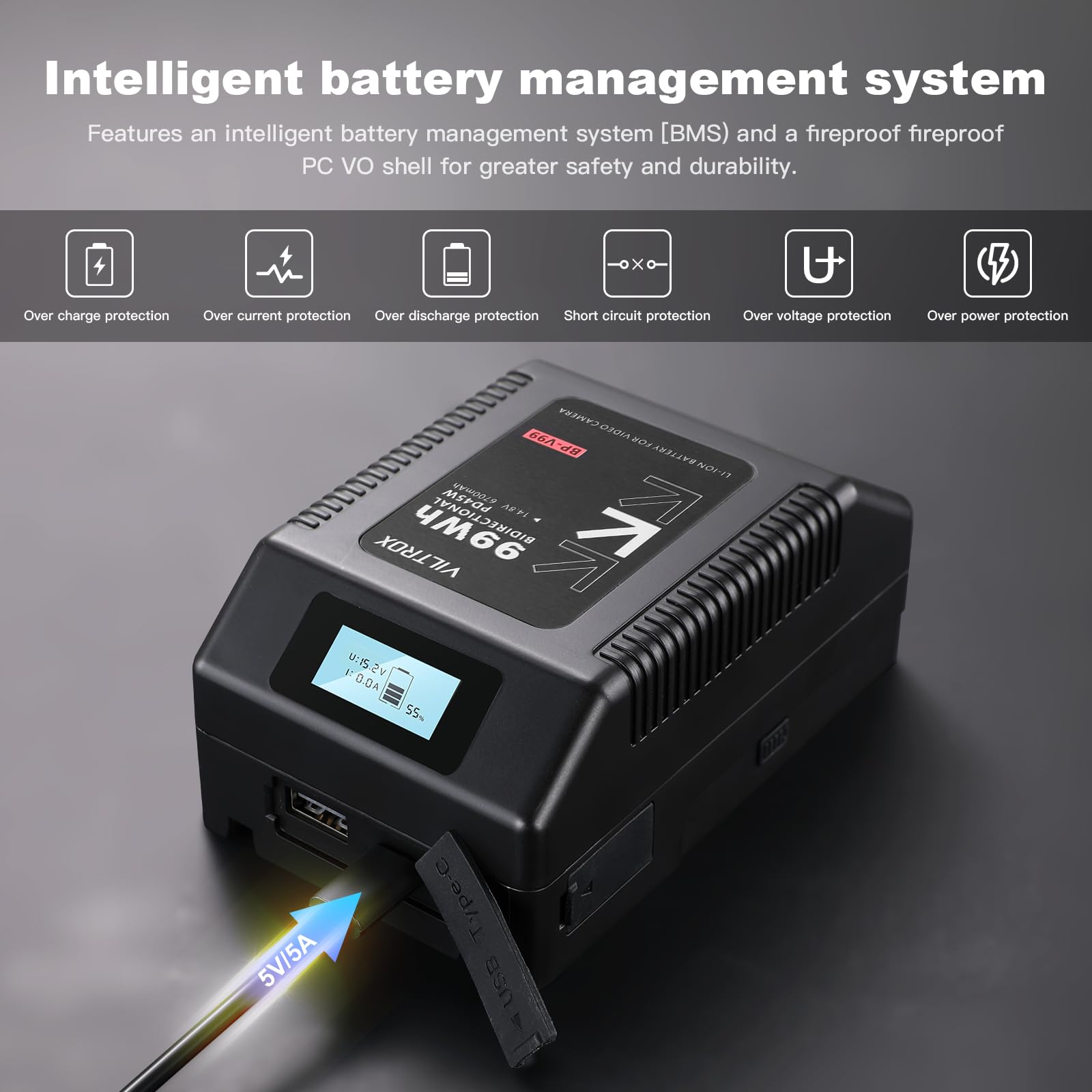 VILTROX BP-V99 V Mount Akku Mini Battery V Lock Black 6700mAh mit LCD-Anzeige,Dual D-Tap&USB Output 99Wh/14.8V,Schwarz Mini V Lock Akku in Camcordern,Kamera