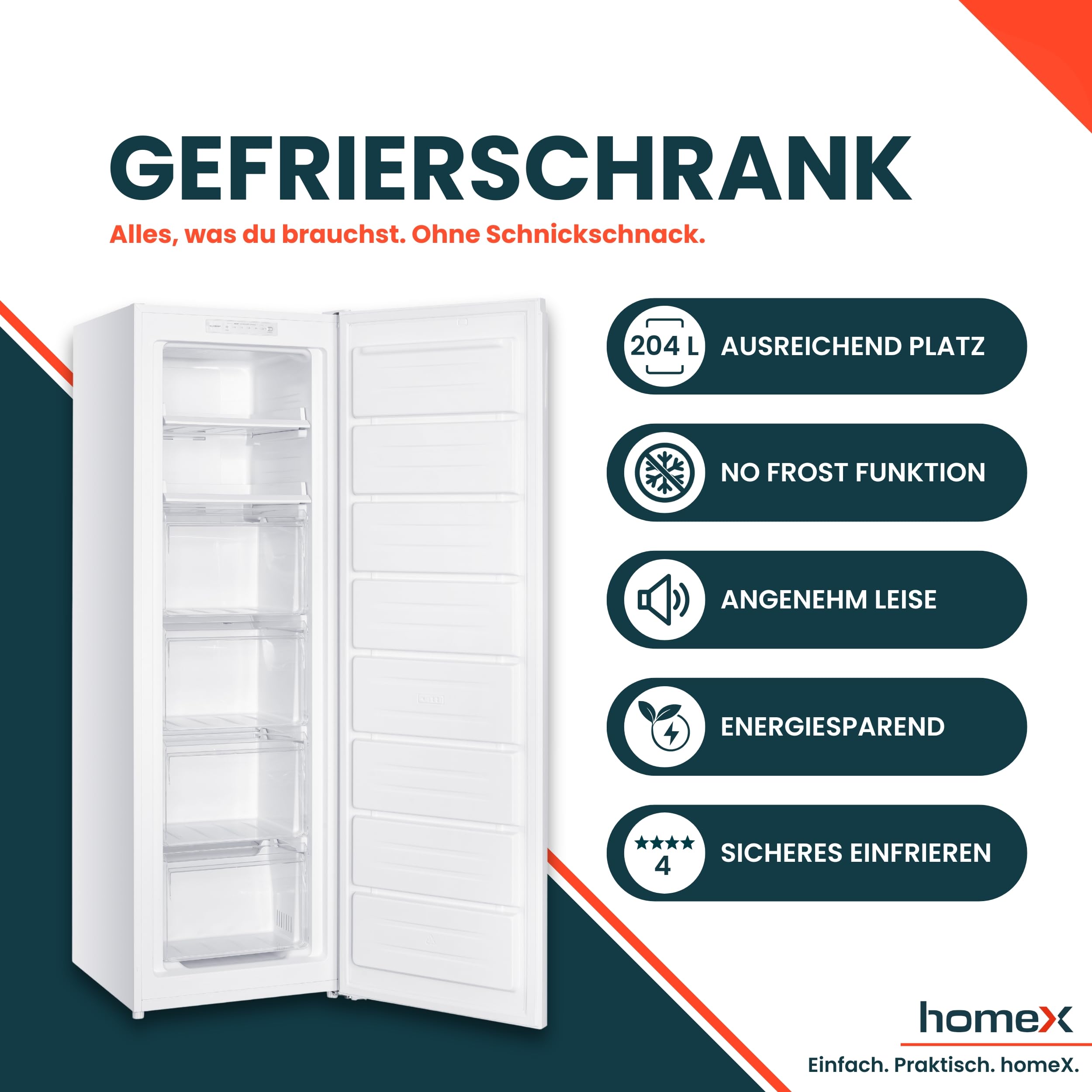 homeX FSN2041E-W Gefrierschrank NoFrost Tiefkühlschrank groß 204 Liter