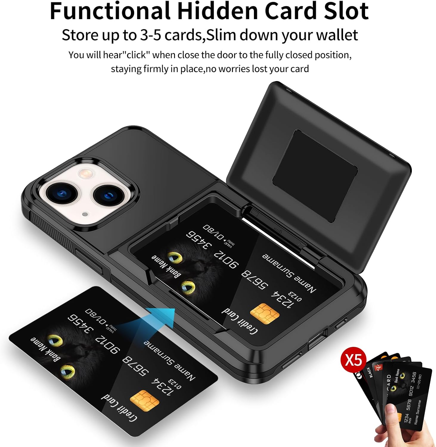 for iPhone 13 Case with Card Holder [Max 5 Cards] Heavy Duty Protective Shockproof Case Dual Layer Hidden Sliding Card Slot Wallet Case for iPhone 13 Phone Case Women&Men 6.1'' -Black - Image 3