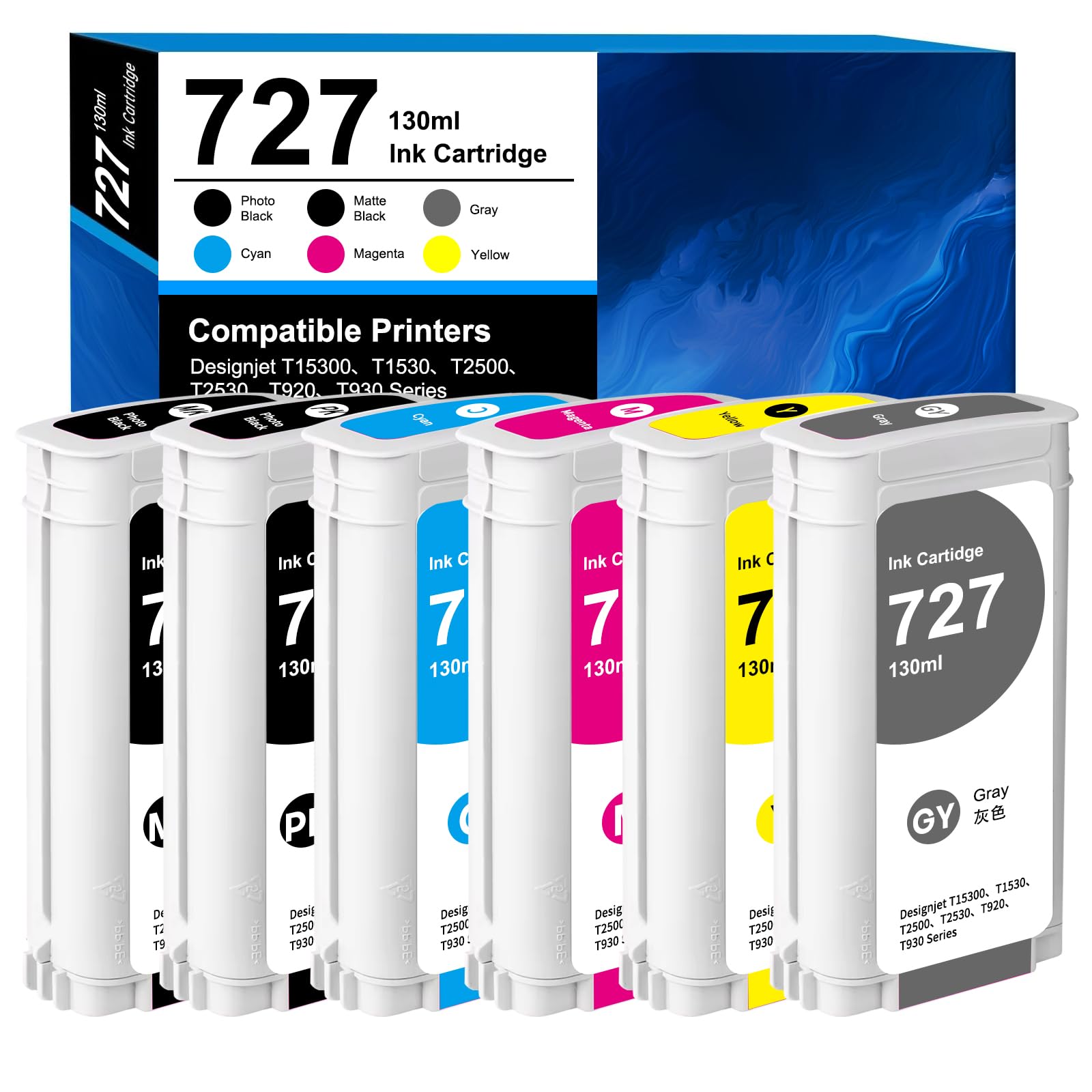 727 Druckerpatrone Remplacement für HP Tintenpatrone 727 B3P20A B3P22A B3P21A B3P23A B3P24A kompatibel für HP DesignJet T1530 T2500 T920 T930 T1500 (Schwarz, Fotoschwarz, Cyan, Magenta, Gelb, Grau)