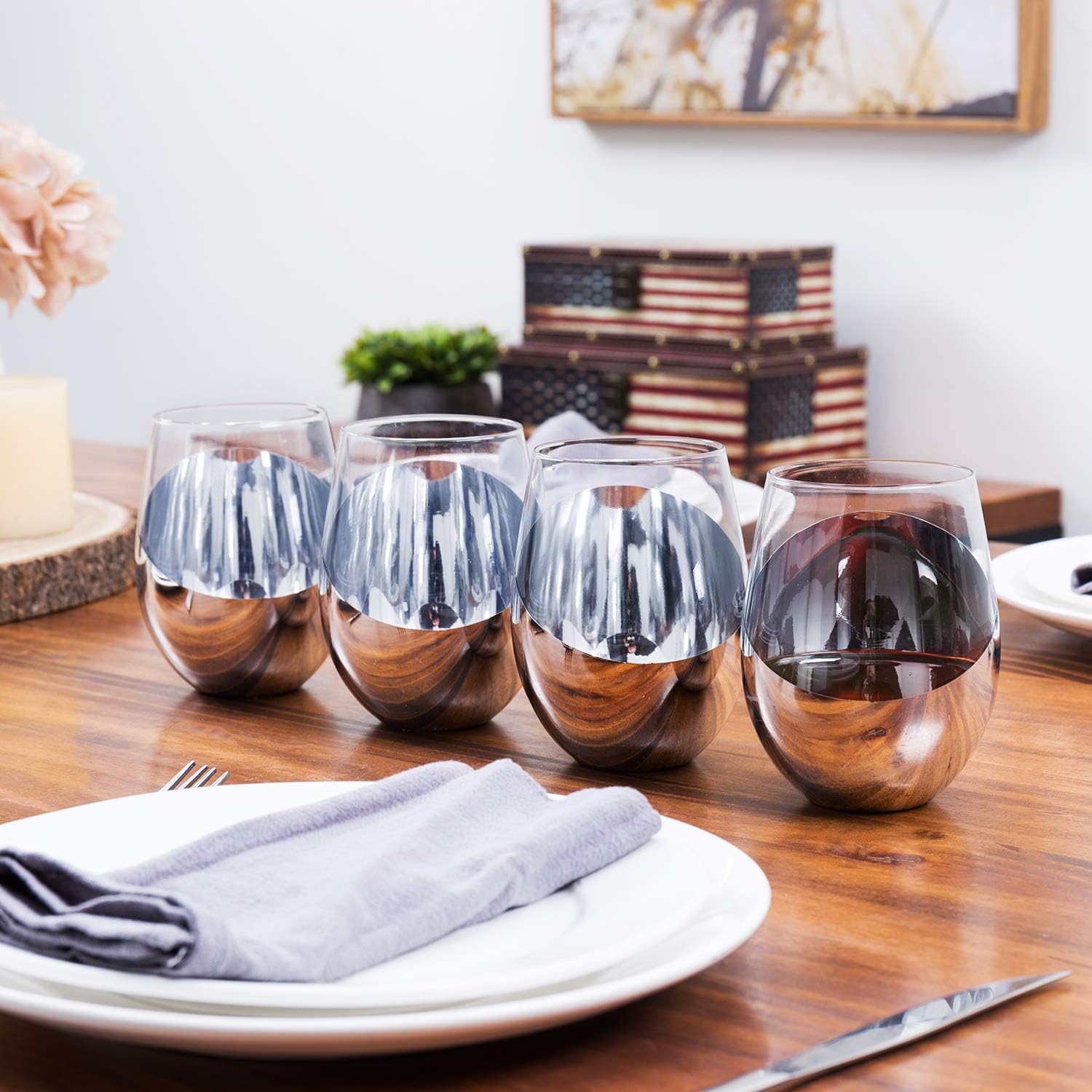 MyGift Modern Silver Accent Stemless Wine Glass Set, Red Wine Glasses Set of 4