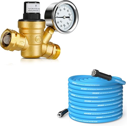 Paquete tornillo regulador de presión de agua Kohree RV calibre ajustable y sin plomo y manguera de agua de 58 pulgadas y 50 pies, segura para agua
