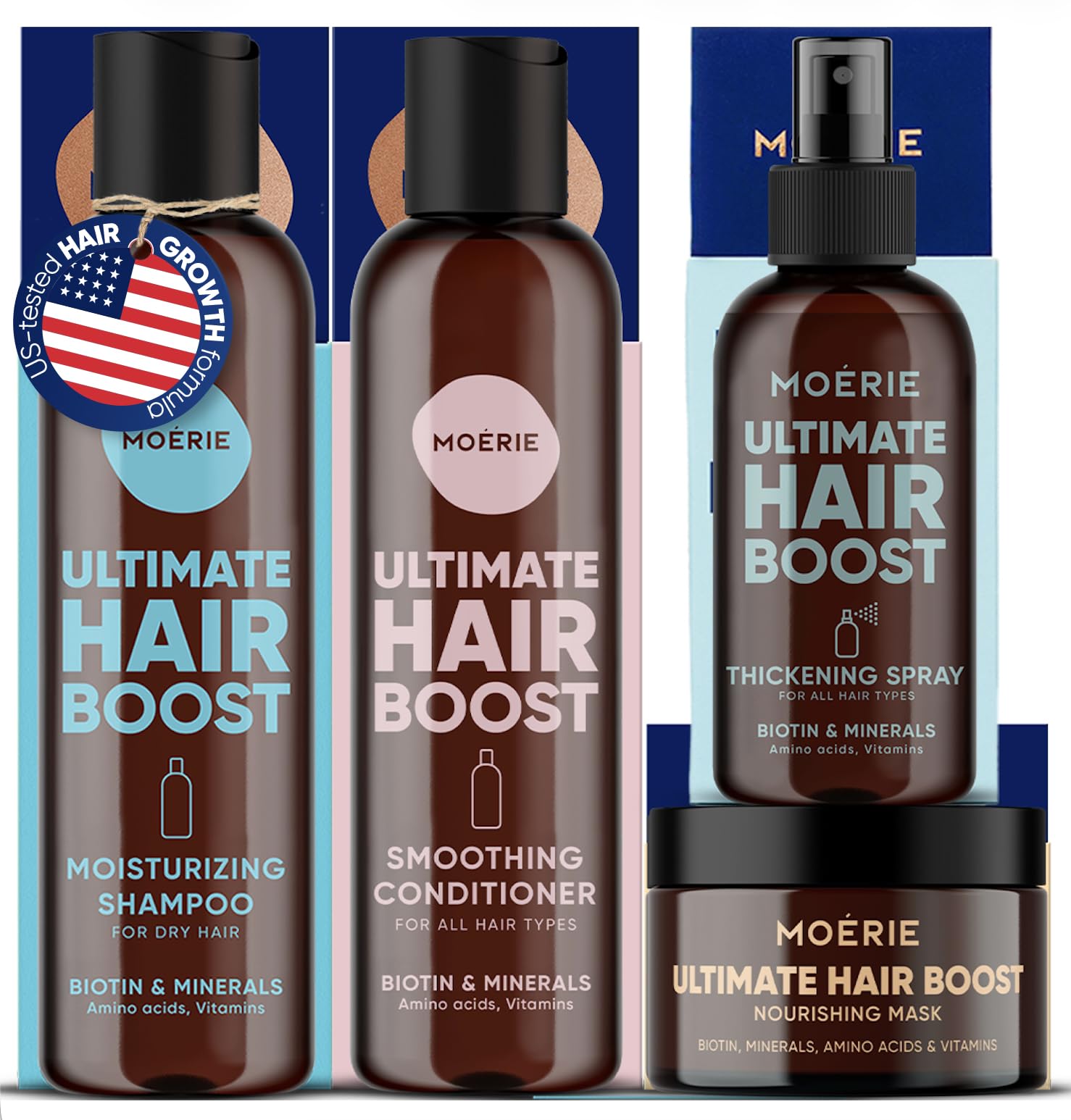 Moérie Moisturizing Hair Growth Shampoo, Conditioner, Spray and Mask for Men and Women, Hair Loss Solution with Biotin and Rosemary, Thickening Hair Regrowth Set, 4 items Clear