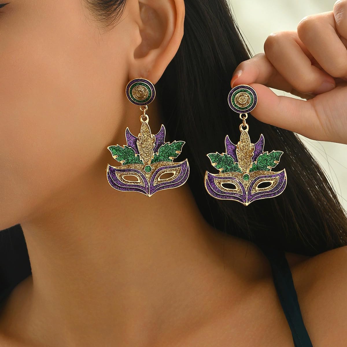 Mardi Gras Glitter Mask Dangle Earrings Purple Green Gold Enamel Carnival Earrings New Orleans Festival Statement Jewelry for Women Party Costume Accessories - Image 3