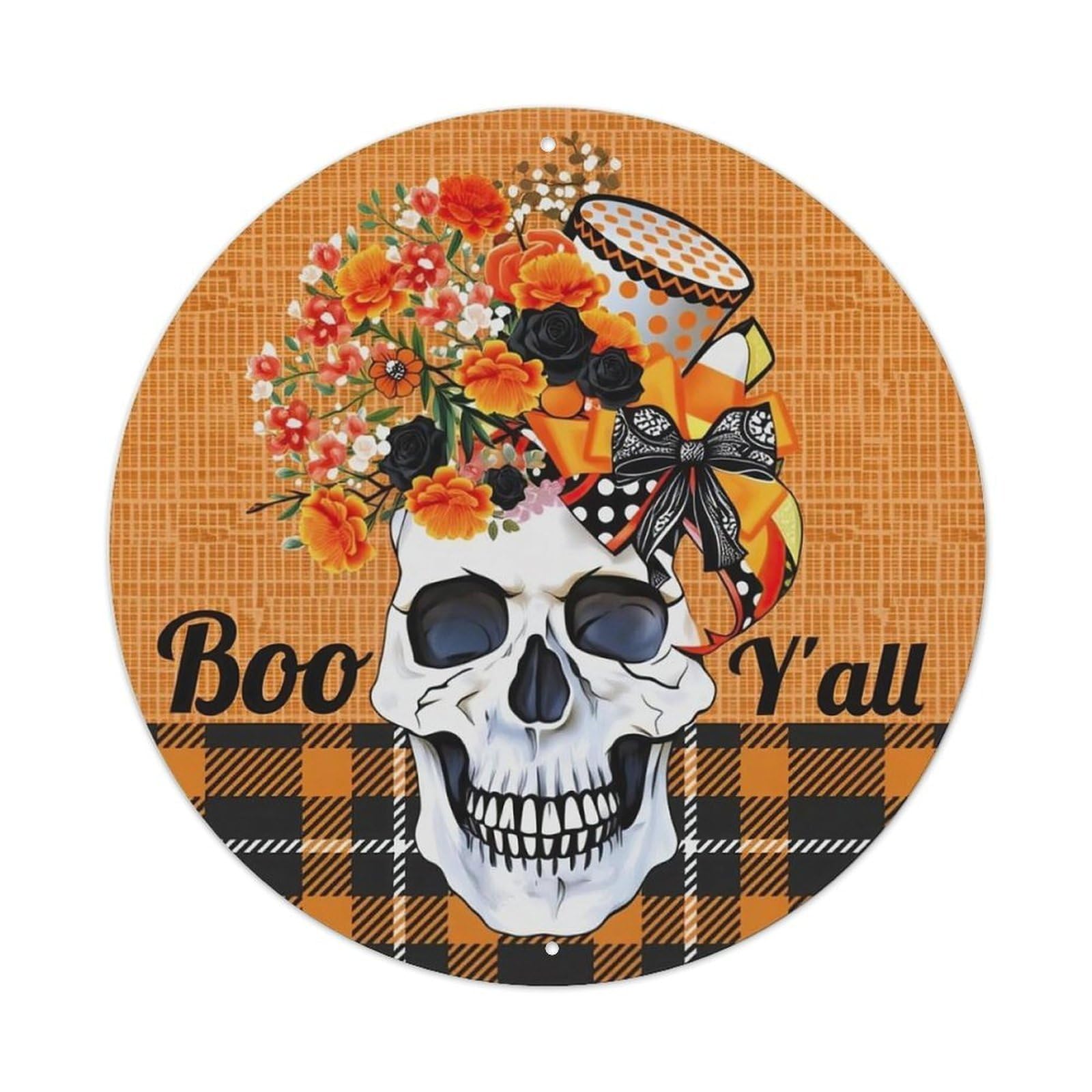 Skull Floral Plaid Bow Orange Metal Tin Sign