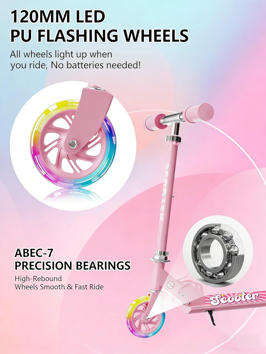 Scooter for Kids Ages 3+, Kids Kick Scooter with Led Light Up, Girly Pink Scooter with 3 Levels Adjustable, Lightweight Foldable Scooter for Boys&Girls Christmas Birthday Gift - Image 5