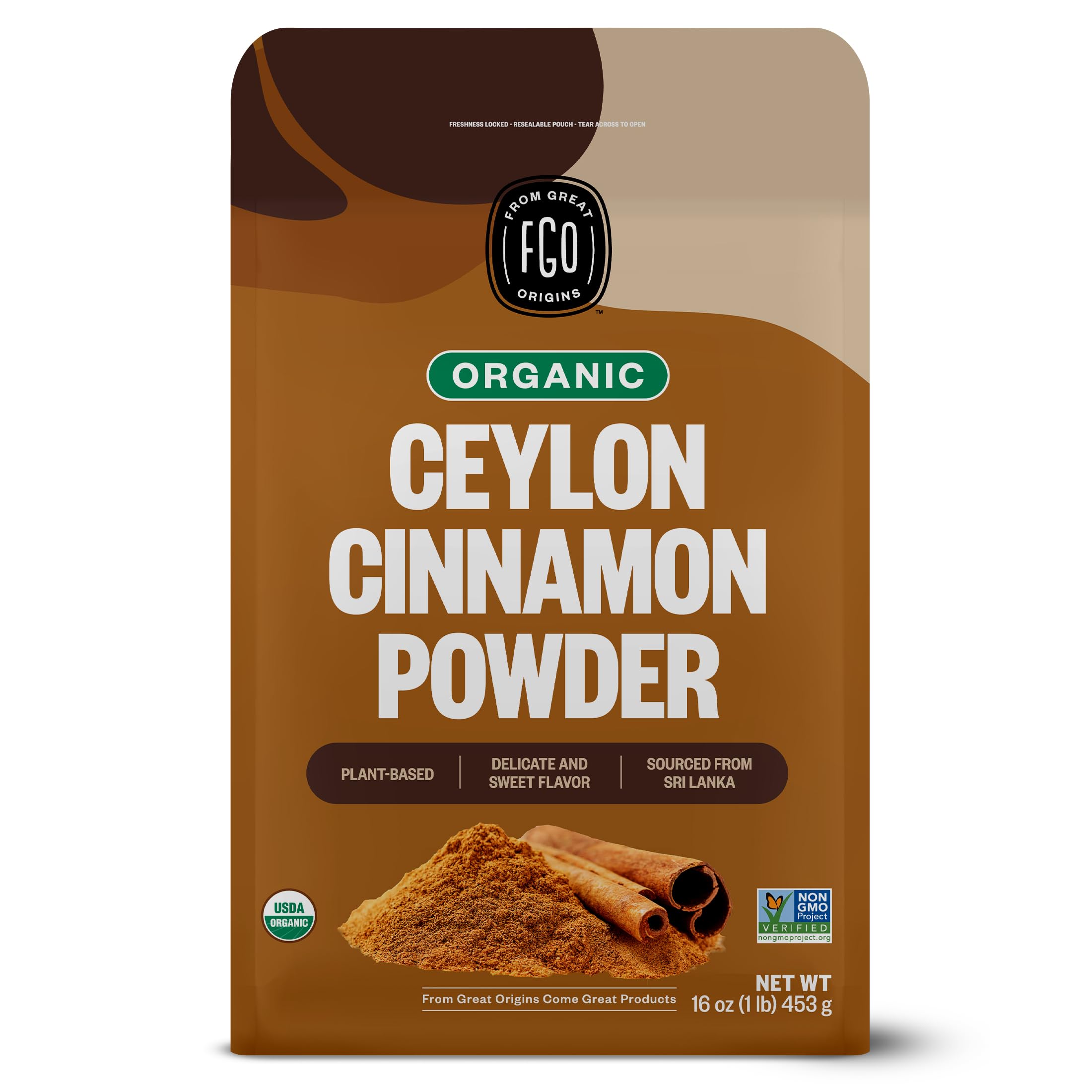 FGO Organic Ceylon Cinnamon Powder, 16oz Pure Sri Lanka Cinnamon for Spice & Seasoning, Great for Baking, Cooking, & Drinks, Additive Free, Non-GMO (Pack of 1)