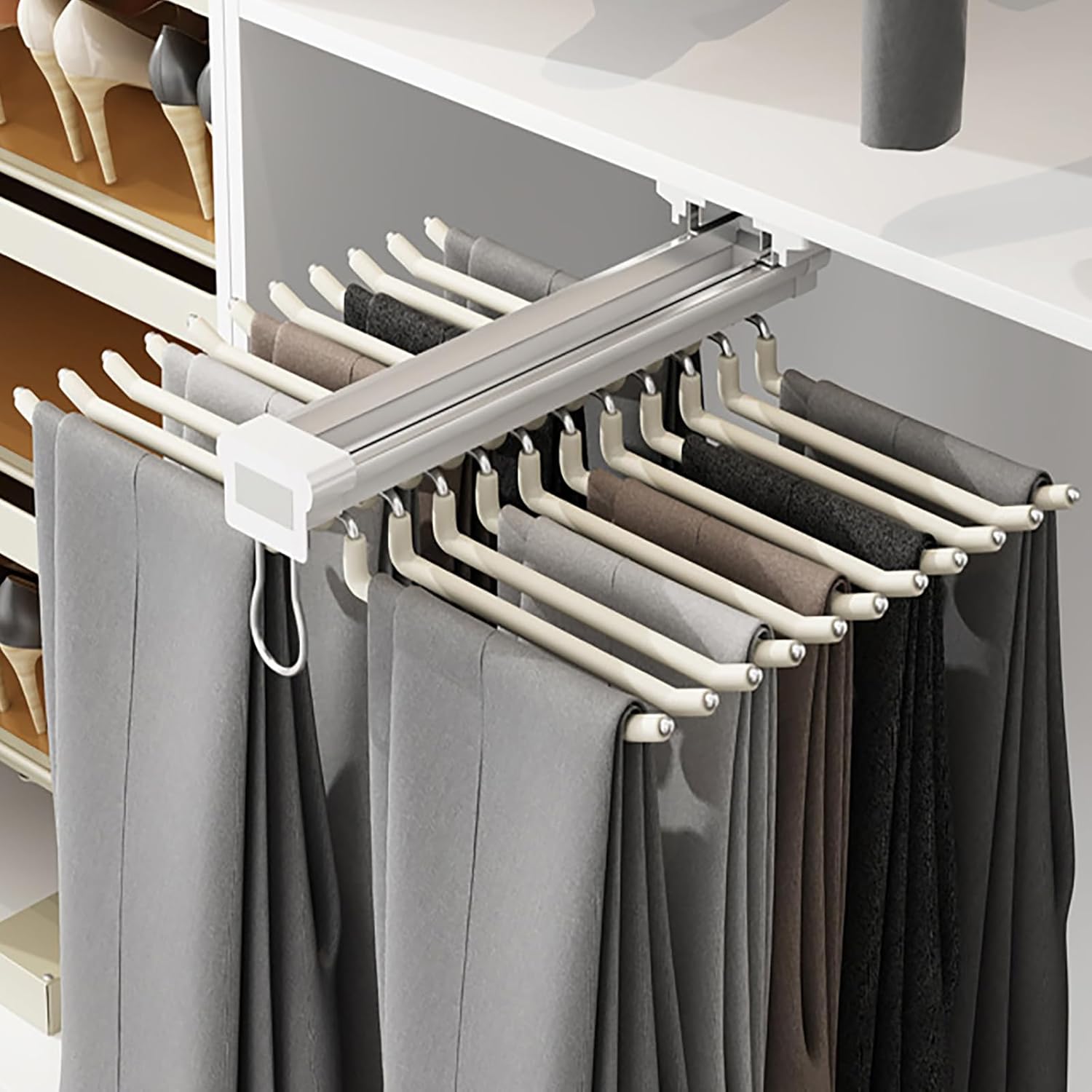 Pull Out Pants Rack Pants Hanger Bar 22 Arms Steel Pull Out Trousers Rack for Closet for Space Saving and Storage Maximum Load 33lbs 18(L) x 23.2(W) x 3.7(H) inch (Beige)