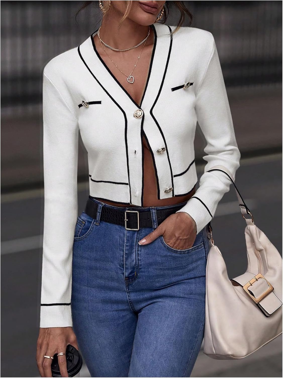 Floerns Women's Elegant Button Down Cropped Cardigan Sweaters Dressy V Neck Knit Old Money Fall Cardigans - Image 4