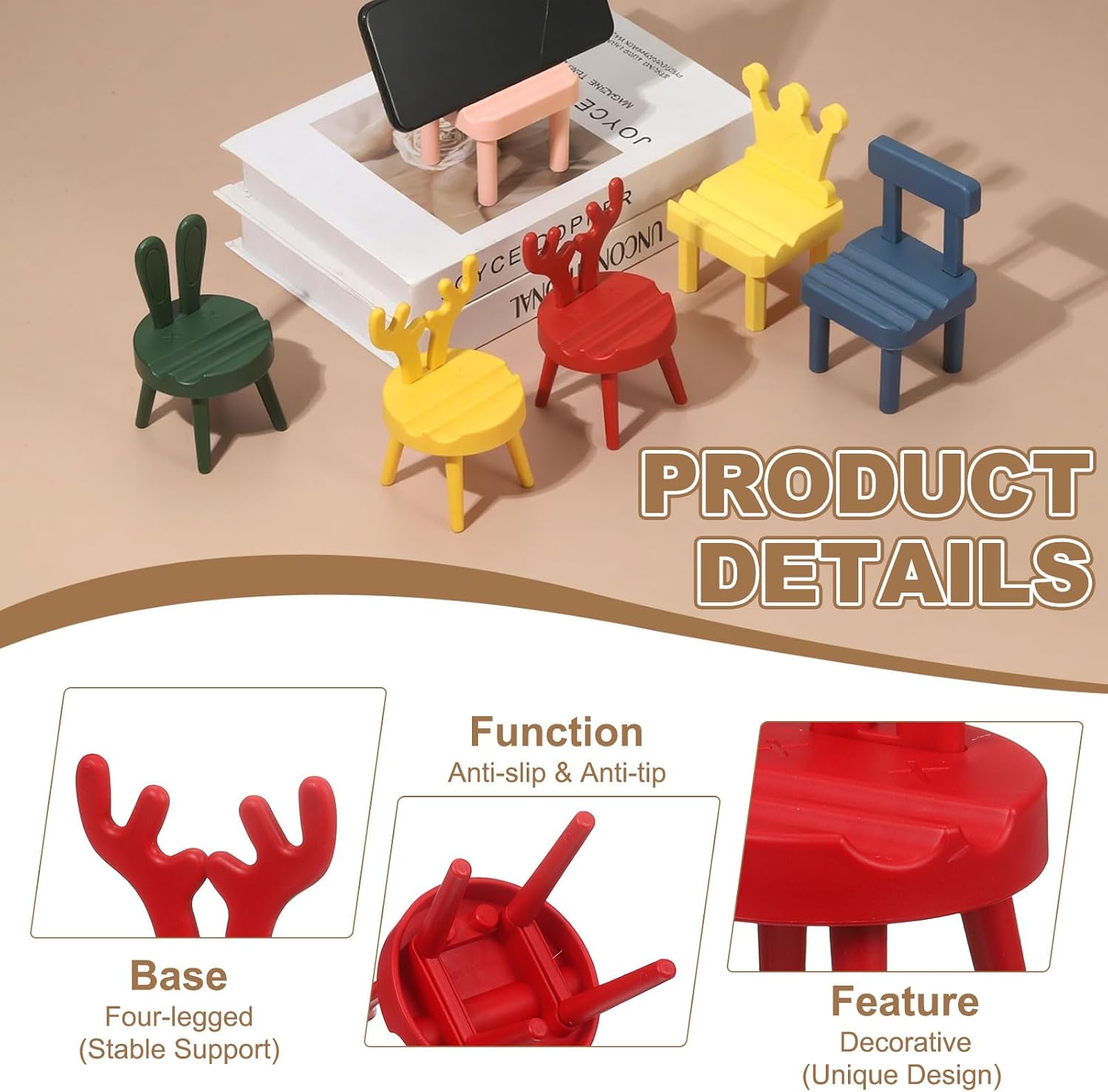 uxcell 4Pcs Cell Phone Stand, Portable Multi-Angle Cute Mobile Phone Holder, Deer Shape Universal Smartphone Dock for Home Office Decor Desktop Accessories, Red image 3