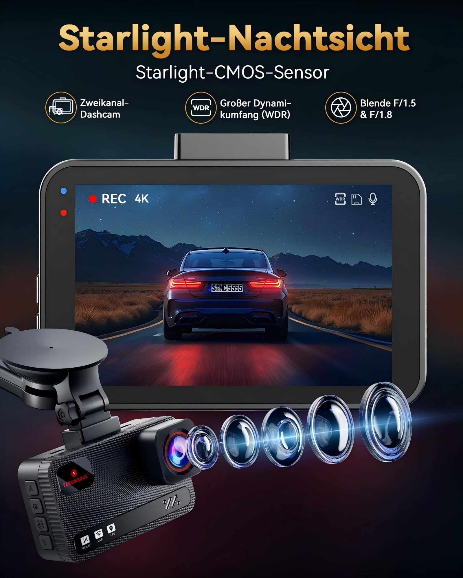 Dashcam per auto 4K + 4K, dash cam anteriore posteriore con | scheda da 128 GB, GPS, WiFi 5,8 GHz, IPS da 3", monitoraggio del parcheggio, registrazione in loop, visione notturna