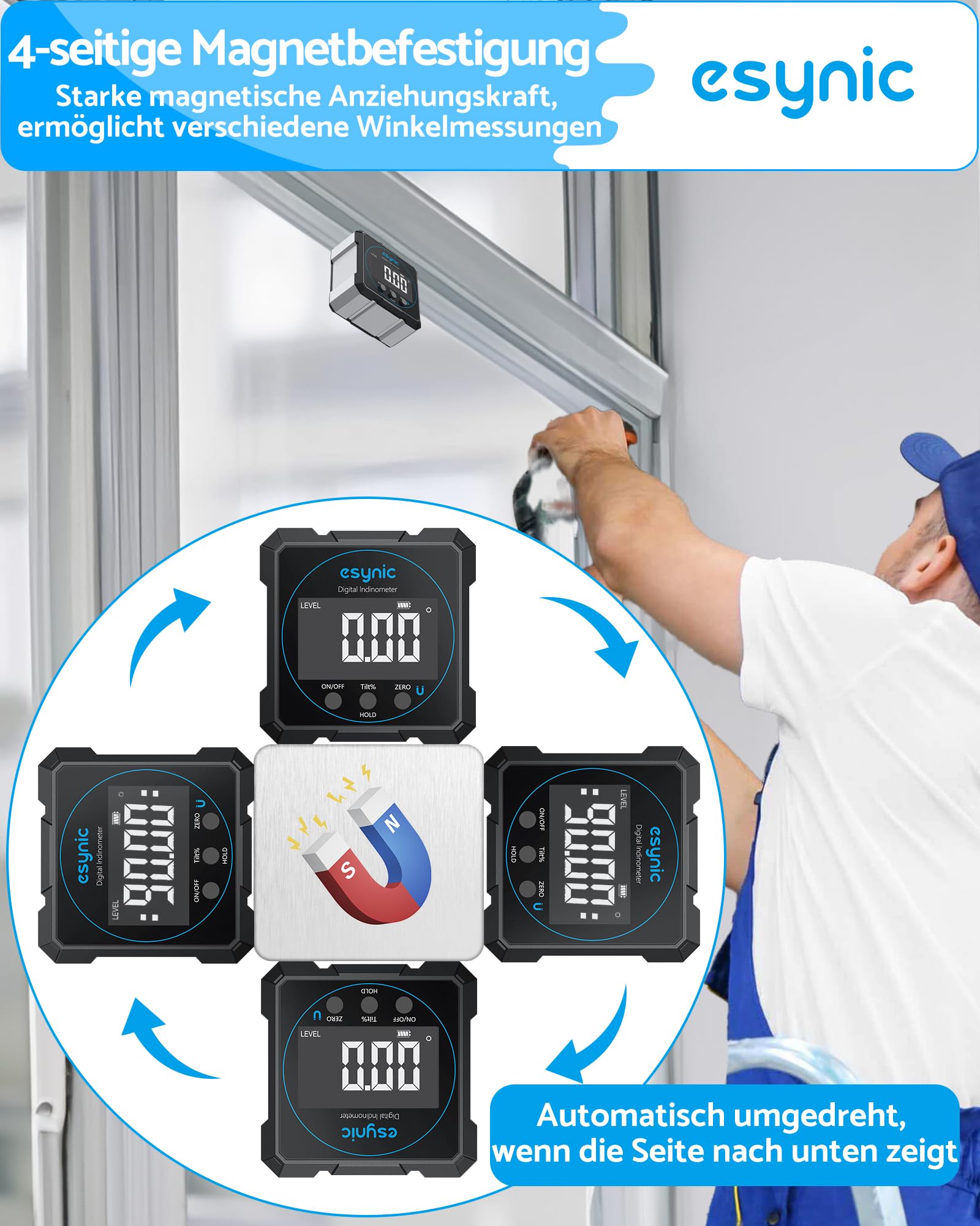 eSynic Digitaler Neigungsmesser mit 4-seitigen Magneten Wasserwaage mit LCD Display wiederaufladbar, Aluminiumgehäuse IP54 wasserdicht, für Tischkreissägen, Holzarbeiten und Bauprojekte