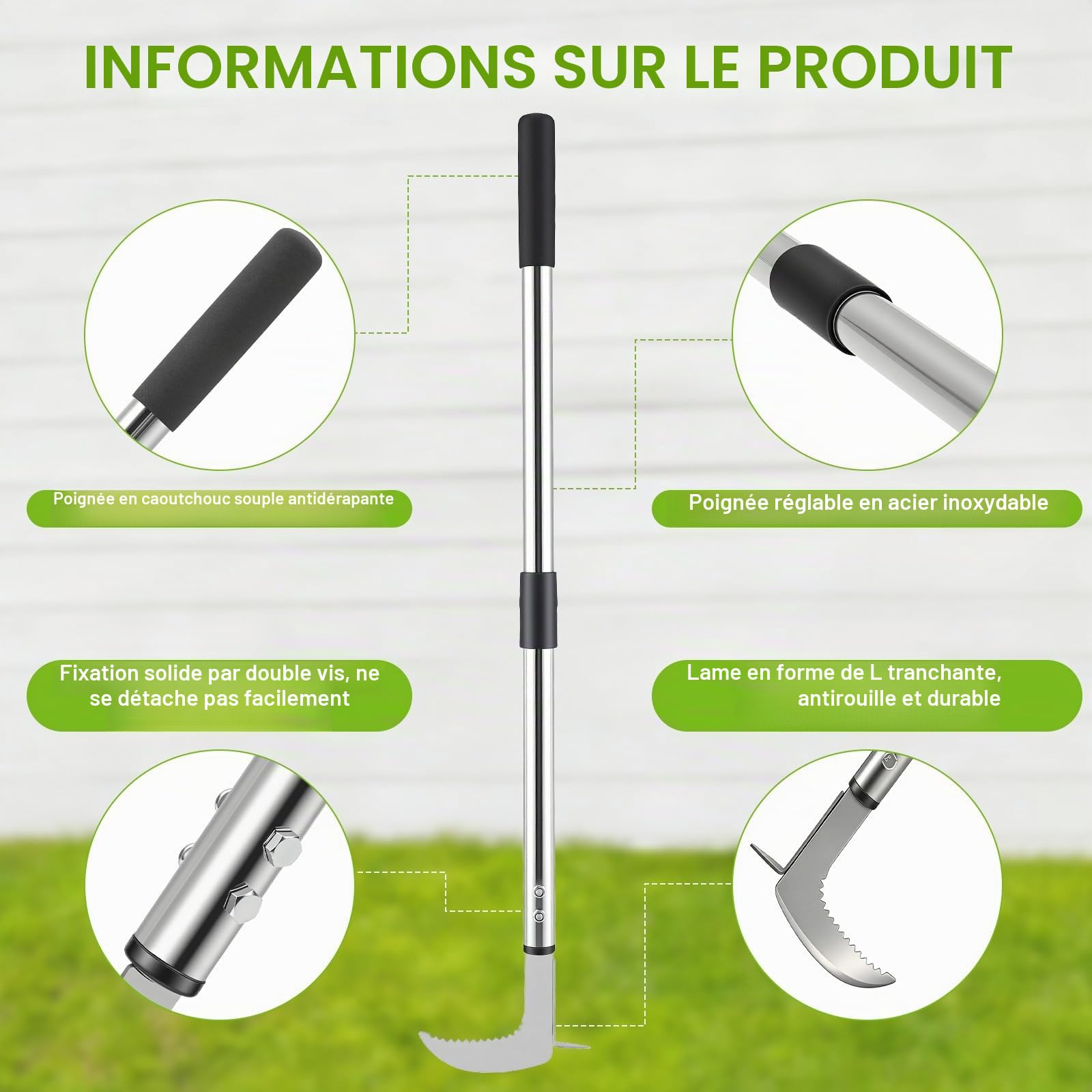 Couteau désherbeur Manuel – Désherbeur pour Pavés et Terrasses, Manche Réglable 145cm avec Lame Dentelée en L et Brosse, Pour cour, pelouse, terrasse, jardin, désherbeur Ergonomique