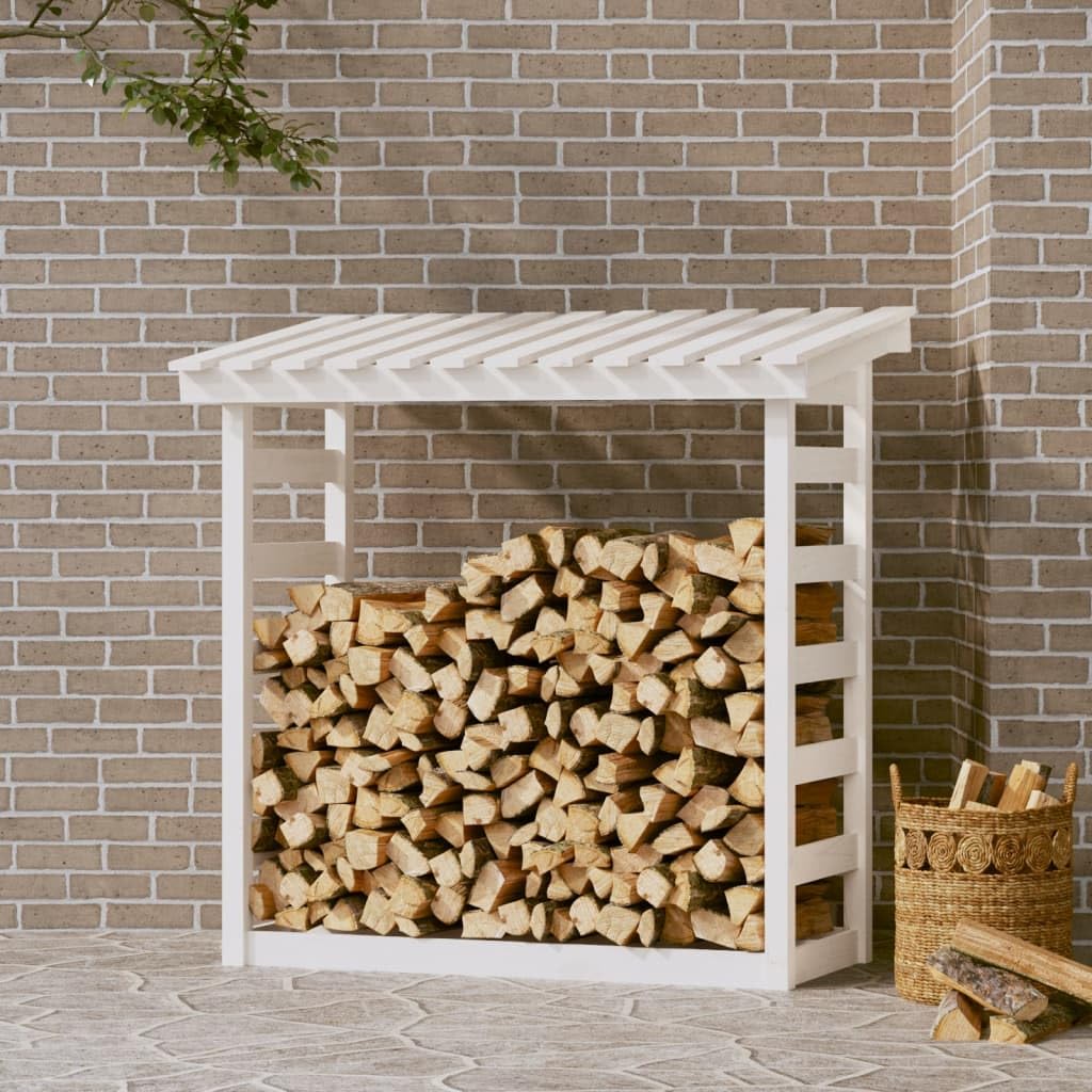 Biały stojak na drewno opałowe z litego drewna sosnowego, 108 x 64,5 x 110 cm, zewnętrzny uchwyt na drewno kominkowe, wytrzymały stojak do przechowywania, 108 x 64,5 x 110 cm