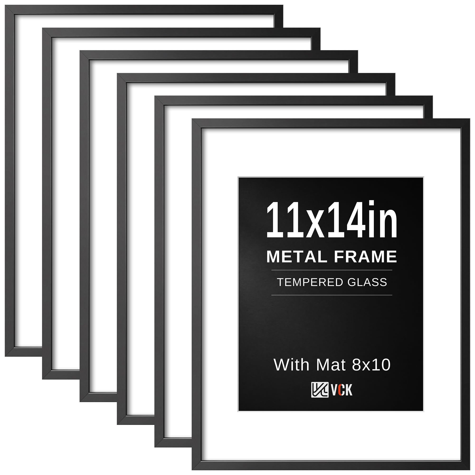 VCK 11x14 Picture Frame Black Metal, Real Glass, 8x10 Mat, 6 Pack, for Arts