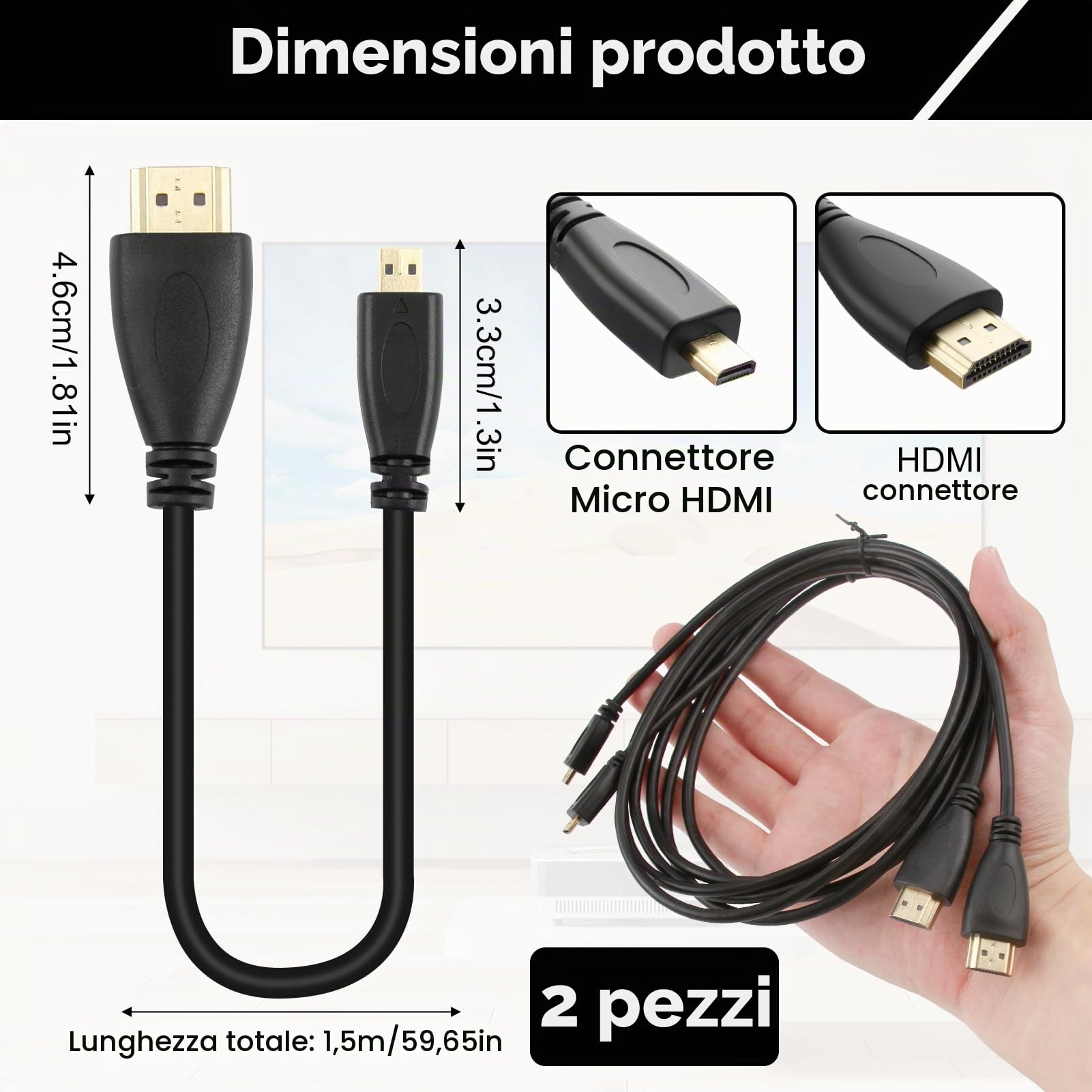 Cavo Micro HDMI A HDMI Ultra Sottile 0,3 M – Morbido, Flessibile, Supporta 4K@60Hz E 18Gbps, Per GoPro, Raspberry Pi 4 E Fotocamere Sony/Canon - 2