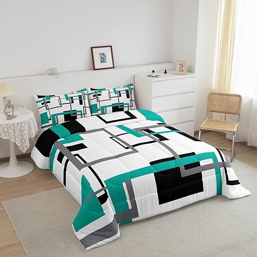 Miniatura 2 de Erosebridal Juego de edredón cuadrado para adolescentes y jóvenes, juego de ropa de cama negro, blanco y azul, juego de edredón geométrico moderno
