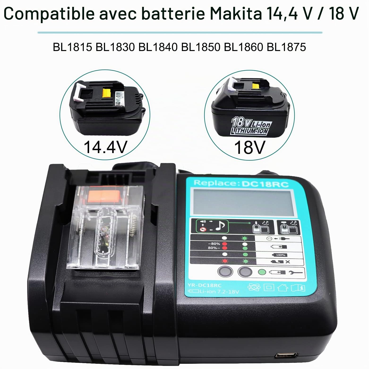 18V Chargeur avec Batterie 5.0Ah BL1850B Remplacement pour Makita 3A Chargeur DC18RC DC18RD DC18RA pour Makita 18 Volt 5000MAH Batterie BL1850 BL1860 BL1840 BL1830 BL1820 BL1815