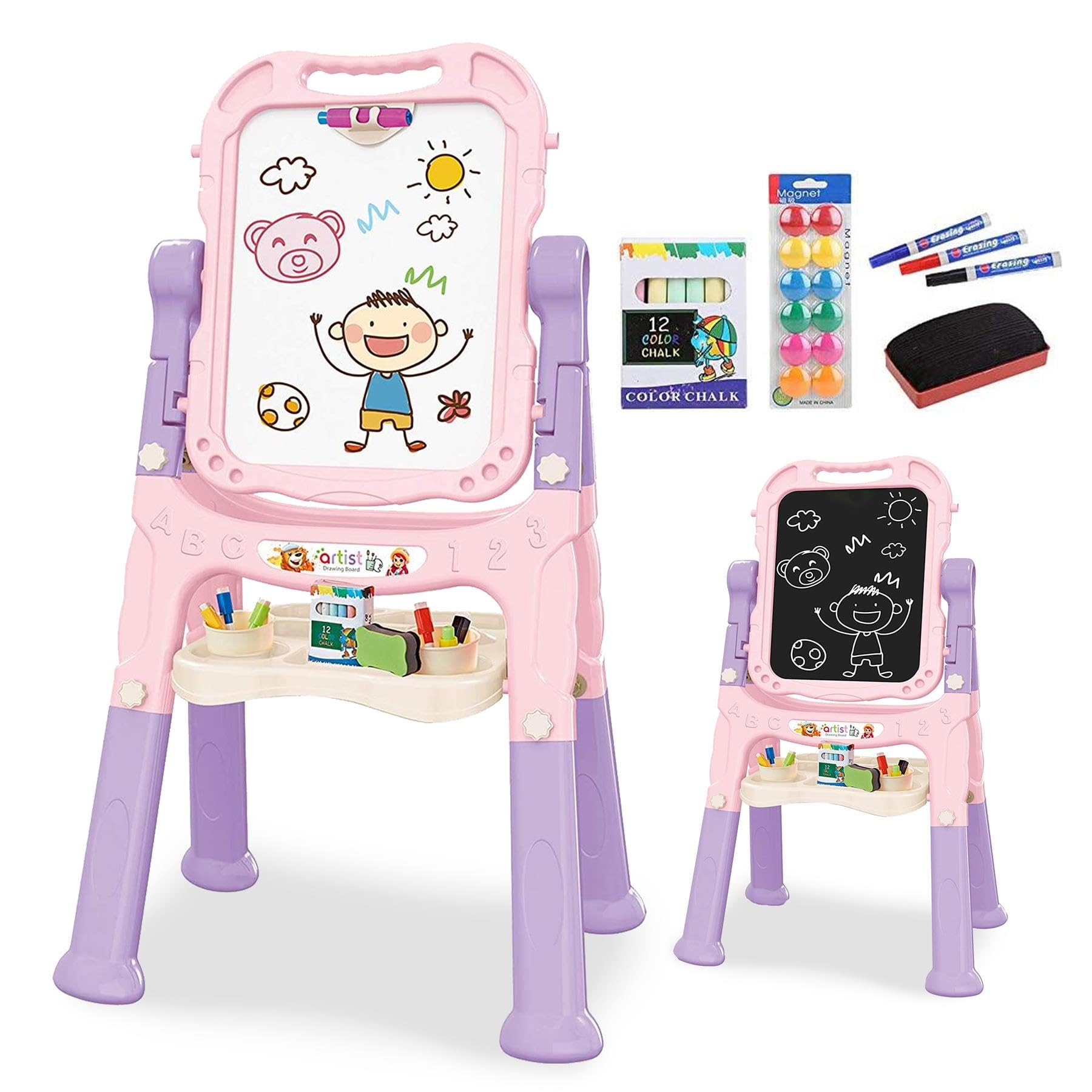 The Magic Toy Shop Kids Folding Double-Sided Magnetic Easel - 360° Rotating & Removable Drawing Board with Blackboard & Whiteboard - Magnets, Chalks, Markers, Stand - Art, Painting, & Writing (Pink)