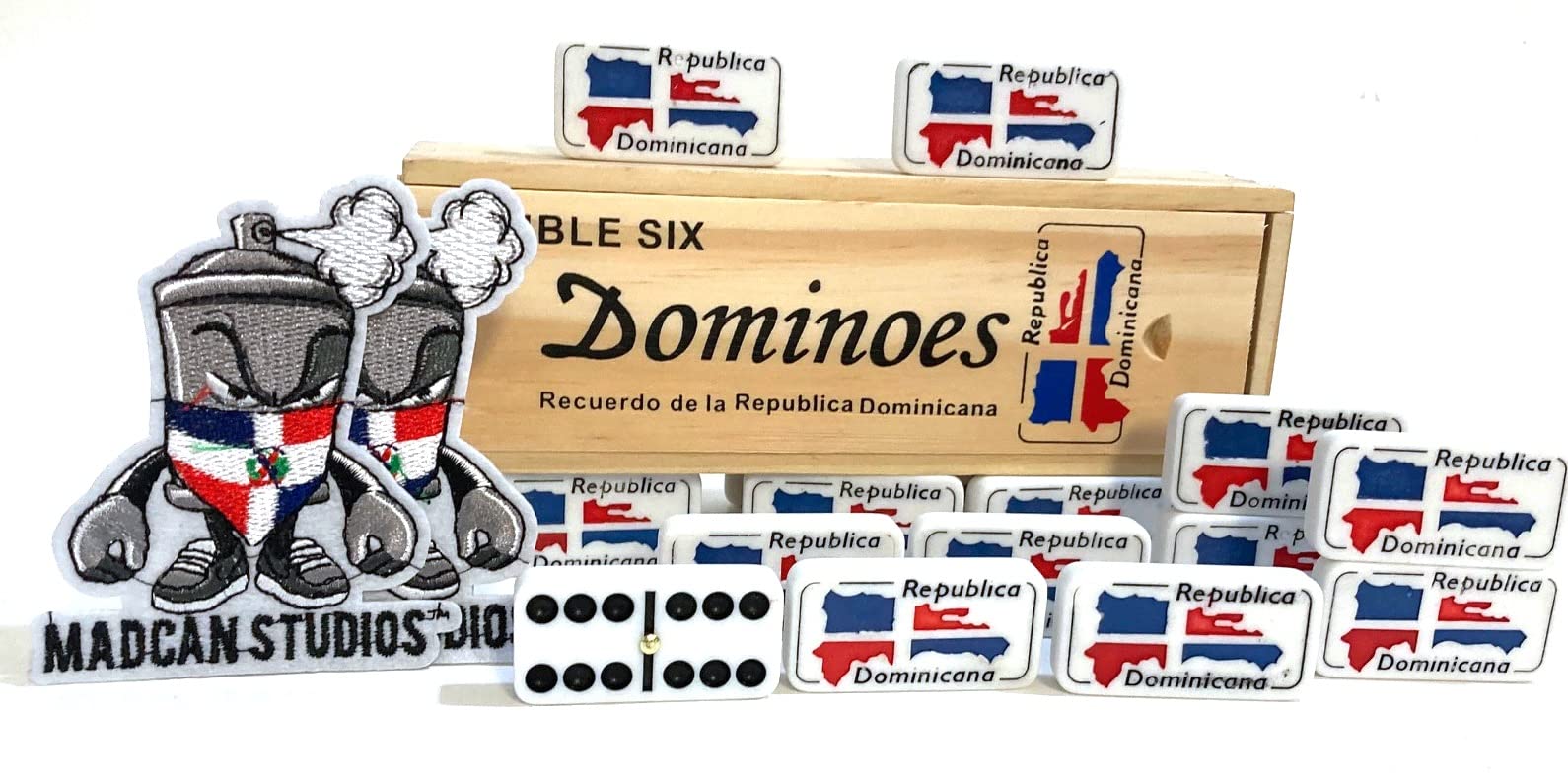 Artist Unknown Dominican Republic Flag Santo Domingo Double Six Dominoes Tiles in Wooden Case - Image 4