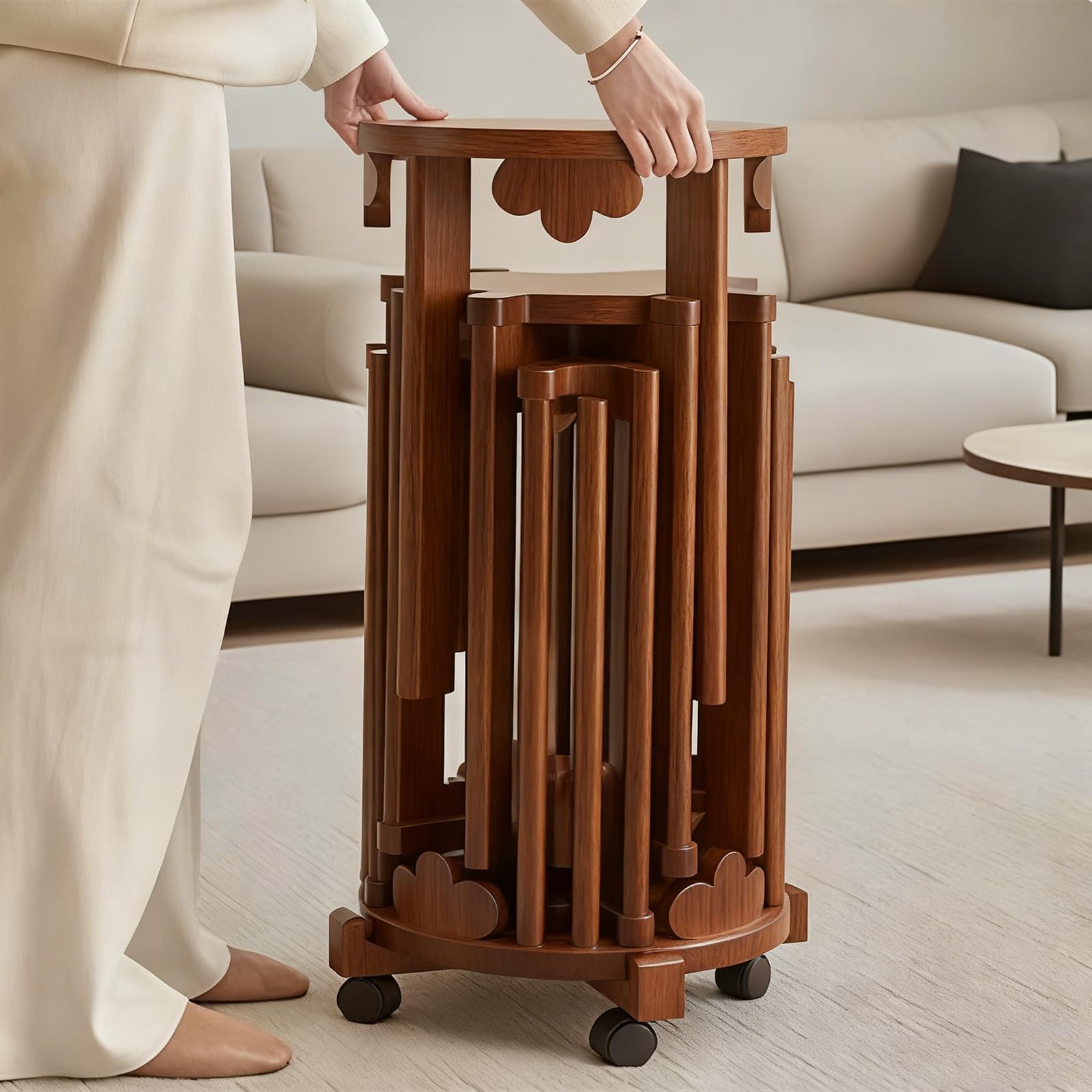 XNZJHPP 6-in-1 Stackable Stools with Wheels - Set of 6 Nesting Wooden Stools for Kitchen, Living Room, Bar & Dorm - Durables, Space-Saving Design for Versatile Use (Walnut with Wheels)