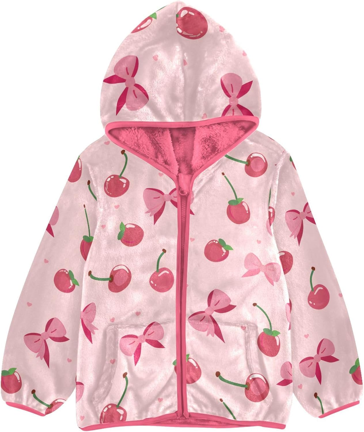 Girls Hoodie Outfit Pink Bows Cherries Pattern Zipper Sweatshirt Coat Fleece Jacket for Kids 3-10T