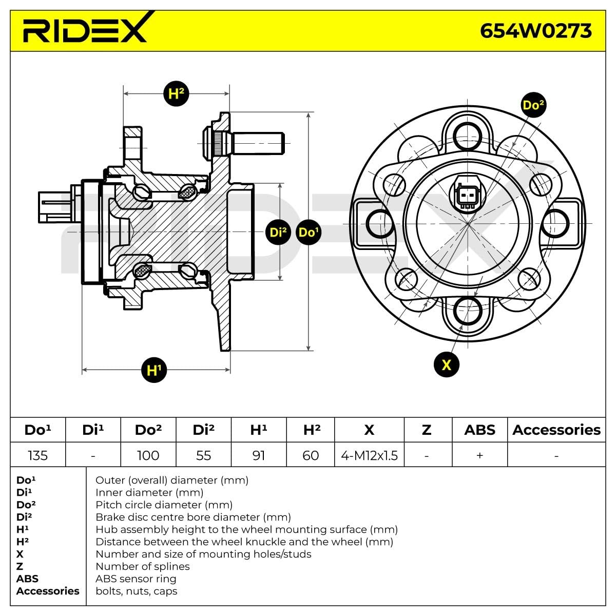 RIDEX 654W0273 Kit de roulement de roue Arrière Roulement de roue intégré au moyeu de roue Compatible avec TOYOTA Yaris 3/5 portes P9