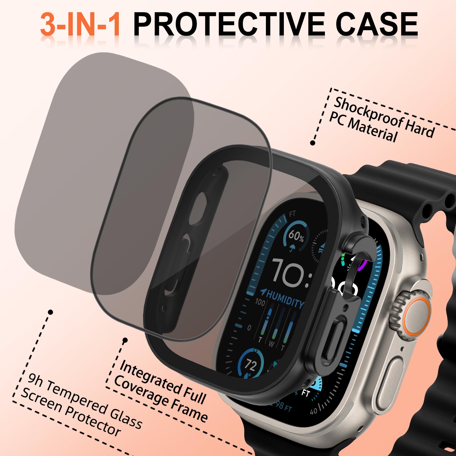 Privacy Case für Apple Watch Displayschutzfolie Ultra 1/2 49 mm | 1 Schwarz + 1 Clear Privacy Hülle für Apple Watch Anti-Spy Panzerglas Displayschutzfolie