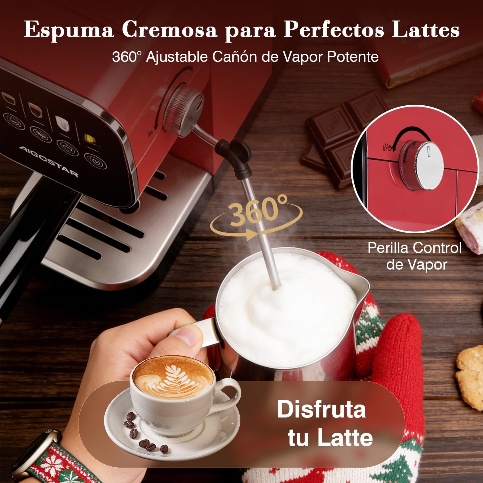 Aigostar Cafetera Espresso 20 Bares para Cápsulas y Café Molido Inox, Rojo | Panel táctil, espumador de leche, 1 o 2 tazas, depósito de 0,9 L, 1350 W, ideal para espresso, capuccino y latte