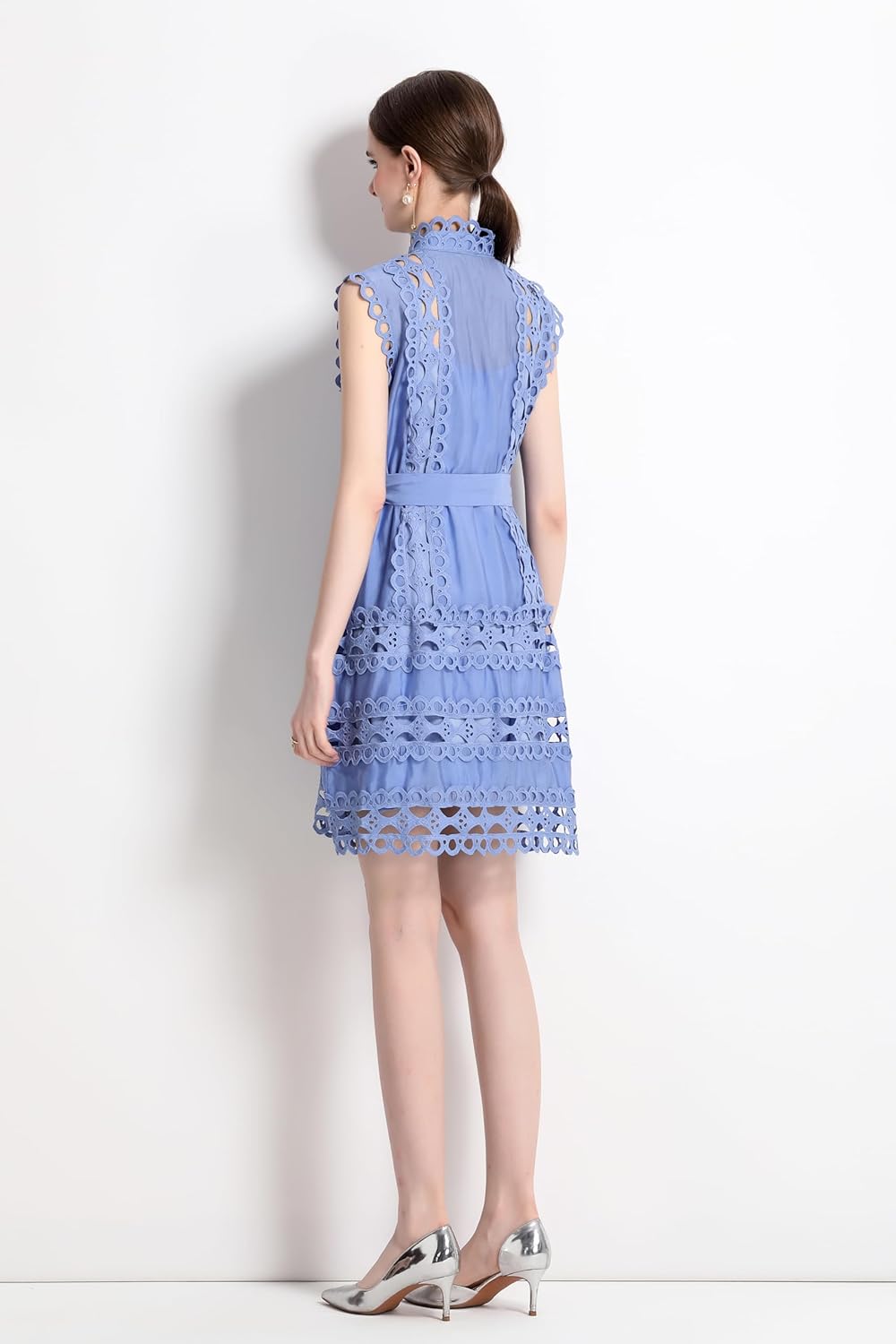 LAI MENG FIVE CATS Womens Summer Sleeveless Hollow Out Button Casual Loose Mini Party Dresses with Belt - Image 3