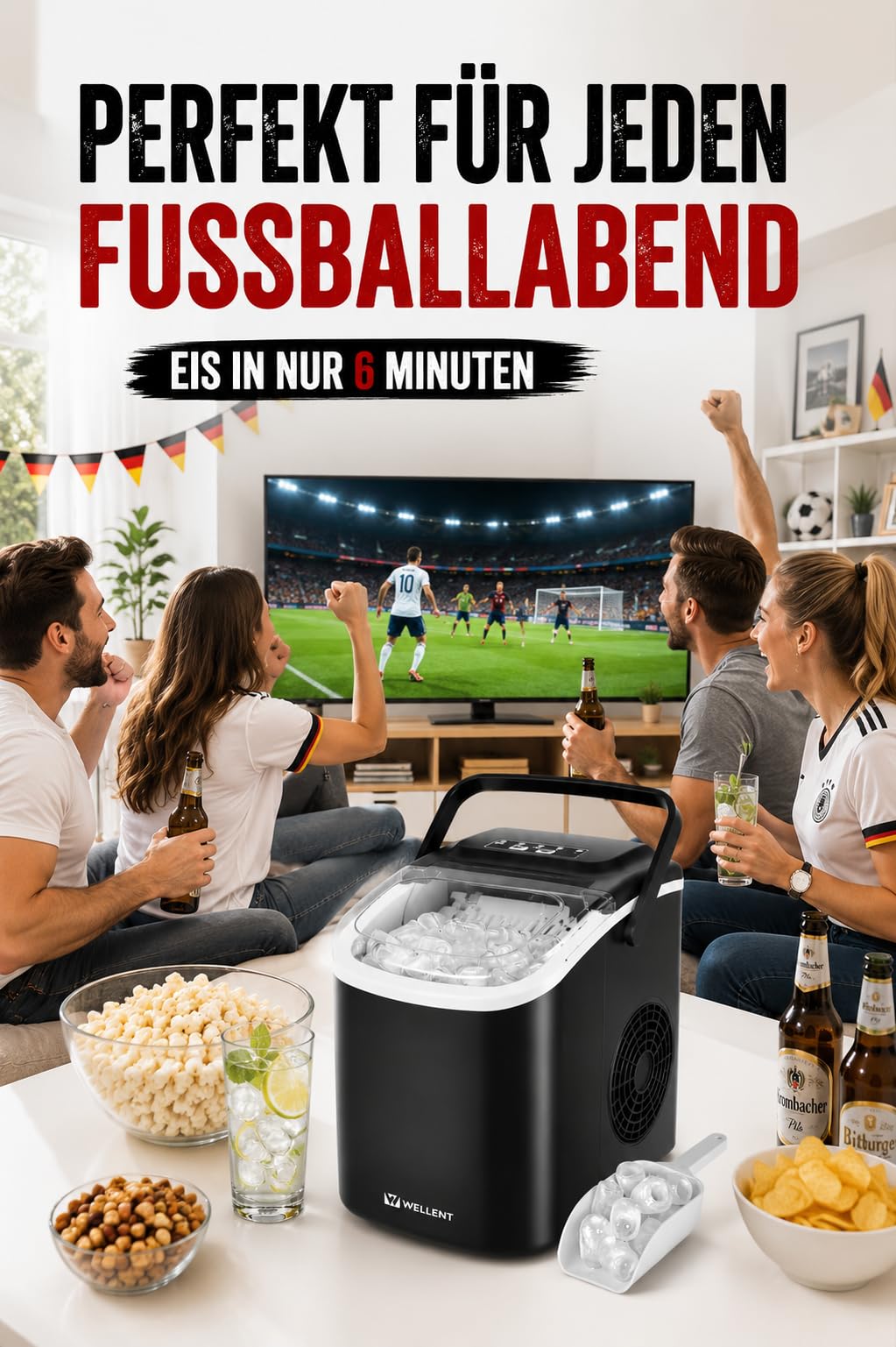 WELLENT Eiswürfelmaschine Klein – Ice Maker mit Selbstreinigung & 2 Größen, 8 Würfel in 6 Min (12kg/24h) – Tragbarer Tisch-Ice Maker für Küche, Büro, RV, Bar, Camping & Fußballabend