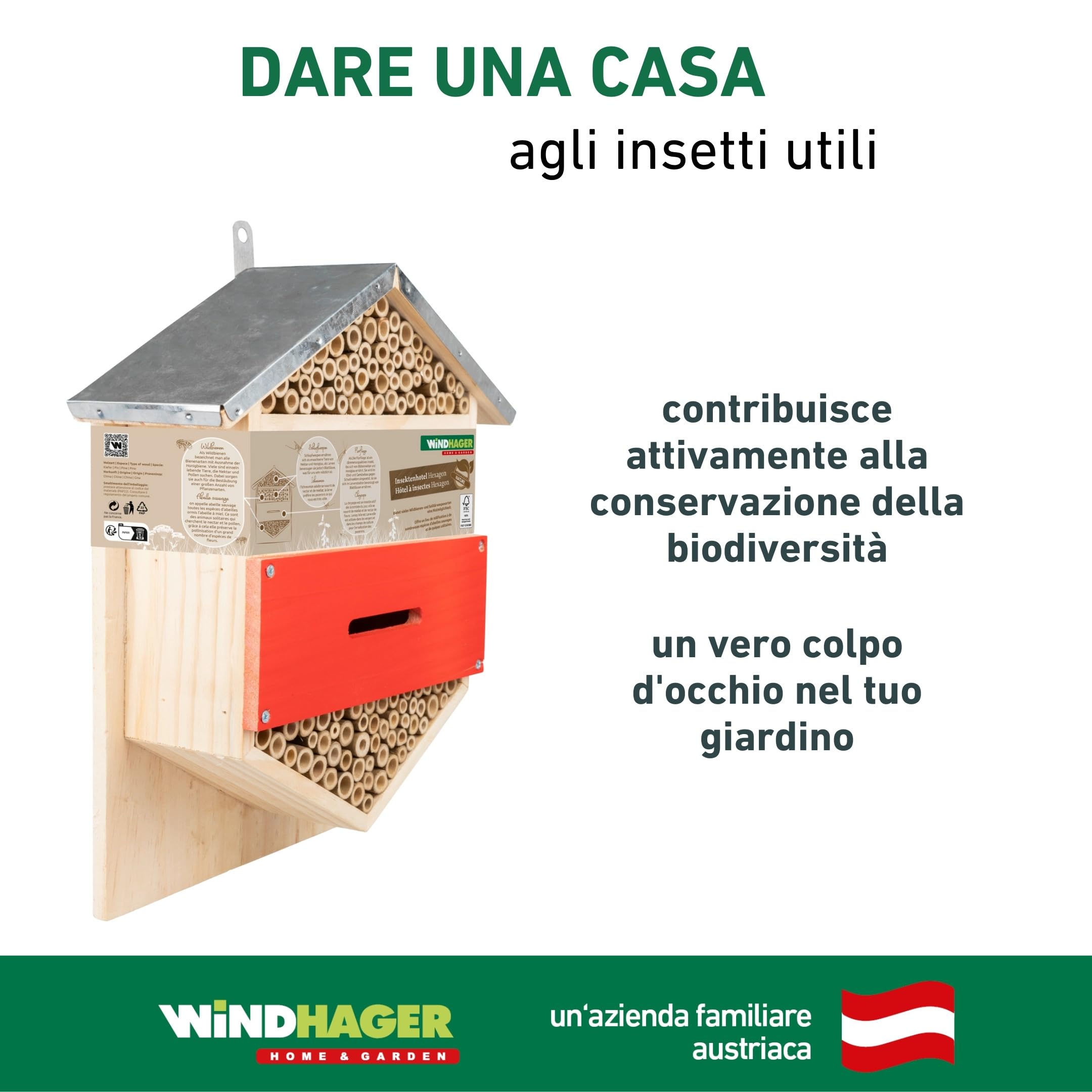 Windhager Hotel per insetti "Hexagon" - casetta per Insetti, casa degli insetti, albergo per insetti - Casetta insetti per api, coccinelle, crisopidi - Hotel per api da appendere