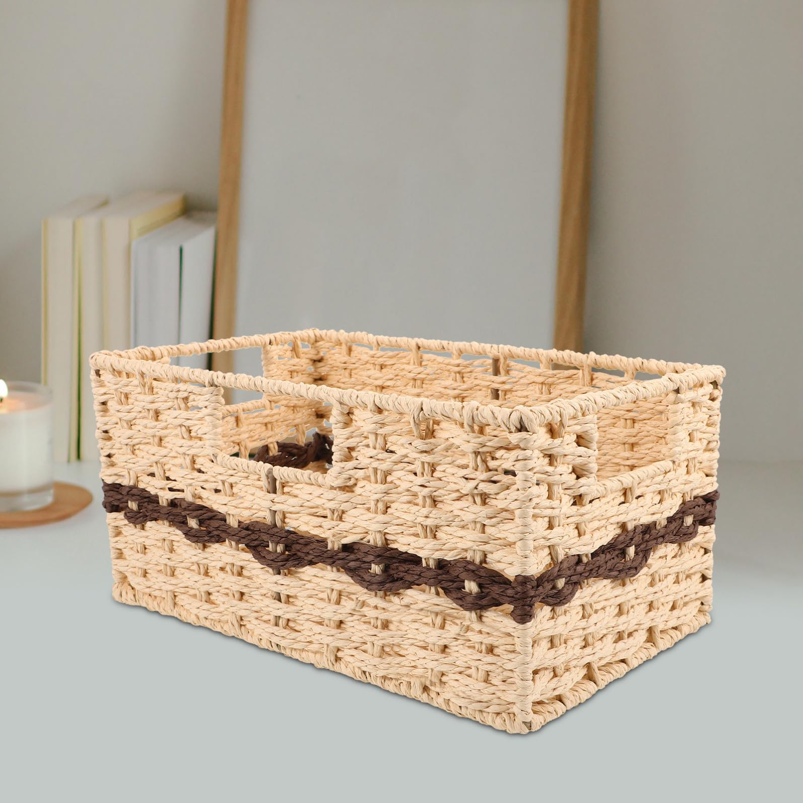 Veemoon Cesta Tejida Pequeña Multiusos De Material Natural Color Caqui Sin Tapa Organizador Para Baño y Escritorio Almacenamiento Práctico Casa