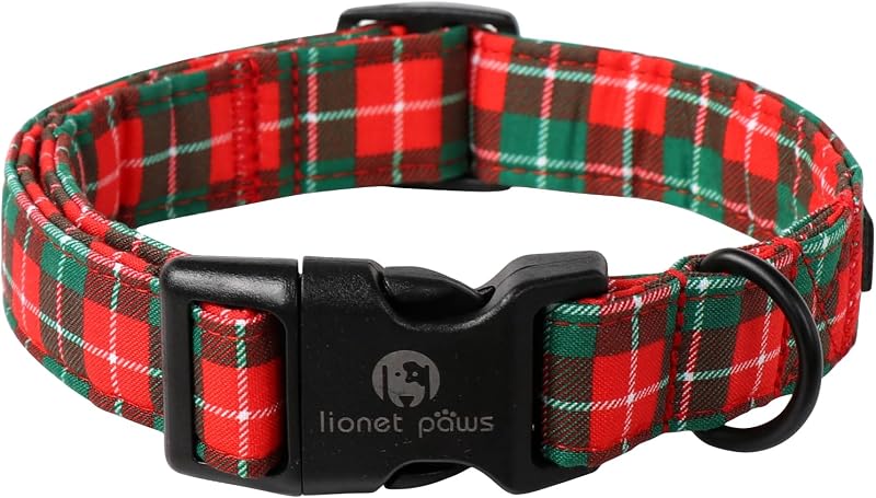 Coleira para Cães com Estampa Natalina Verde e Vermelha, Fecho de Engate Rápido e Argola em Aço Inoxidável lionet paws (M)