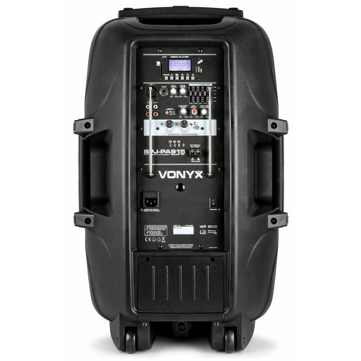 Vonyx SPJ-PA915 Enceinte Sono Portable avec micros sans fil – 700W Max, Bluetooth, USB/SD/MP3, Boomer 15", Batterie intégrée, poignée, emplacement pour pied de fixation, enceinte légère et robuste