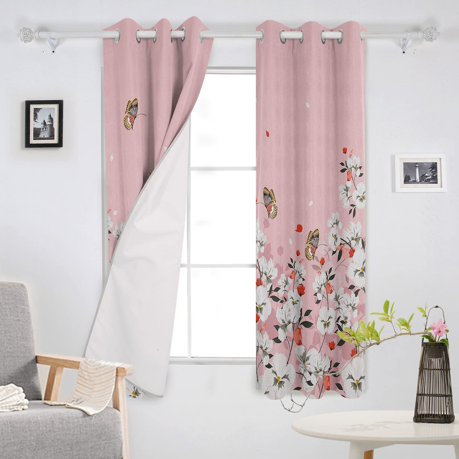 Pink Floral Jacquard Blackout Curtains - 96 Inch Long, Thermal Insulated, Grommet Top, 2 Panels - View #2