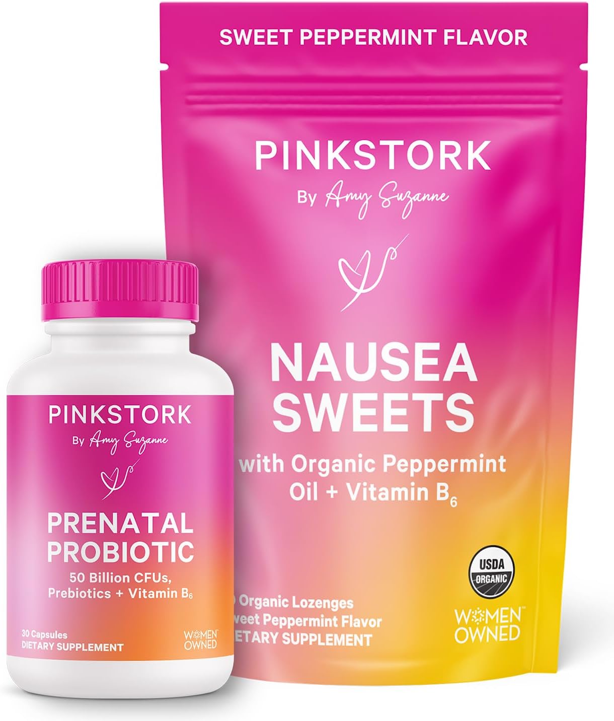 Pink Stork Prenatal Stomach Comfort Essentials | Peppermint Sweets with Vitamin B6 & Prenatal Probiotic with Prebiotics | Digestion & Immune Support for Expecting Moms