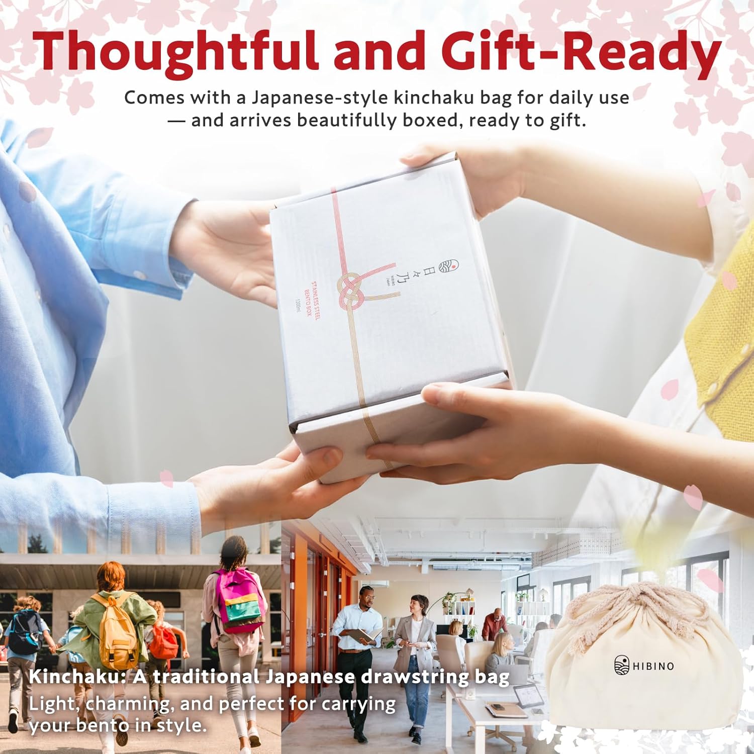 HIBINO Stainless Steel Bento Box 1200ml | Leakproof Bento Box for Adults | Removable Divider | Includes Sauce Container & Cotton Kinchaku Bag | BPA-Free | Designed in Japan