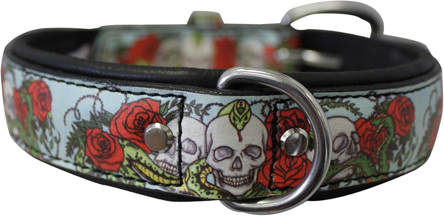 Angel Pet Supplies 70000 Skull and Rose Leather Collar, 18" x 3/4", Midnight Black