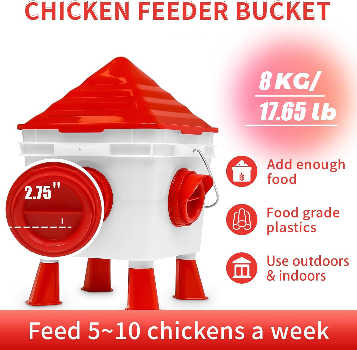 Set de Bebedero y Comedero para Gallinas 8KG/7L, Bebedero Gallinas Automatico, Comedero Gallinas Antipajaros con 4 Aperturas 4 Tazas, con Pies Ajustables y Cadenas de Acero
